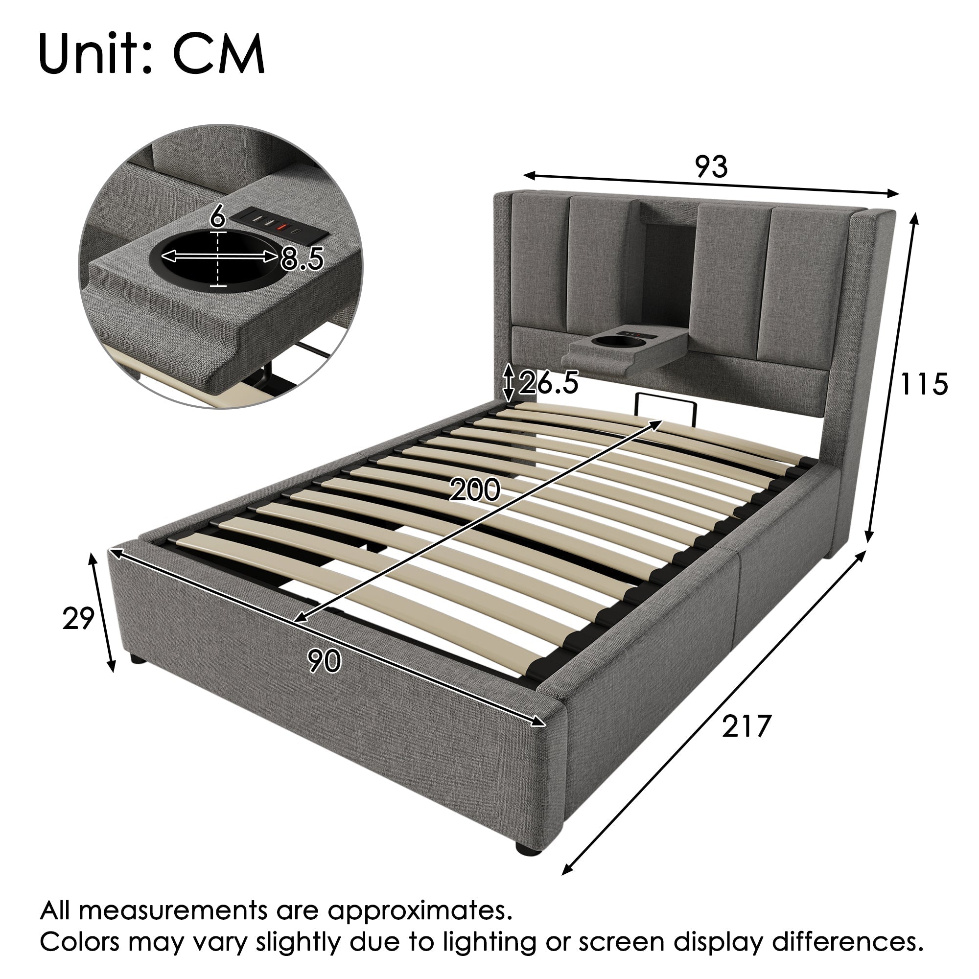 Upholstered Single Bed 90x200cm Hydraulic Storage Cup Holder Charging Station - Linen Grey (With Mattress)