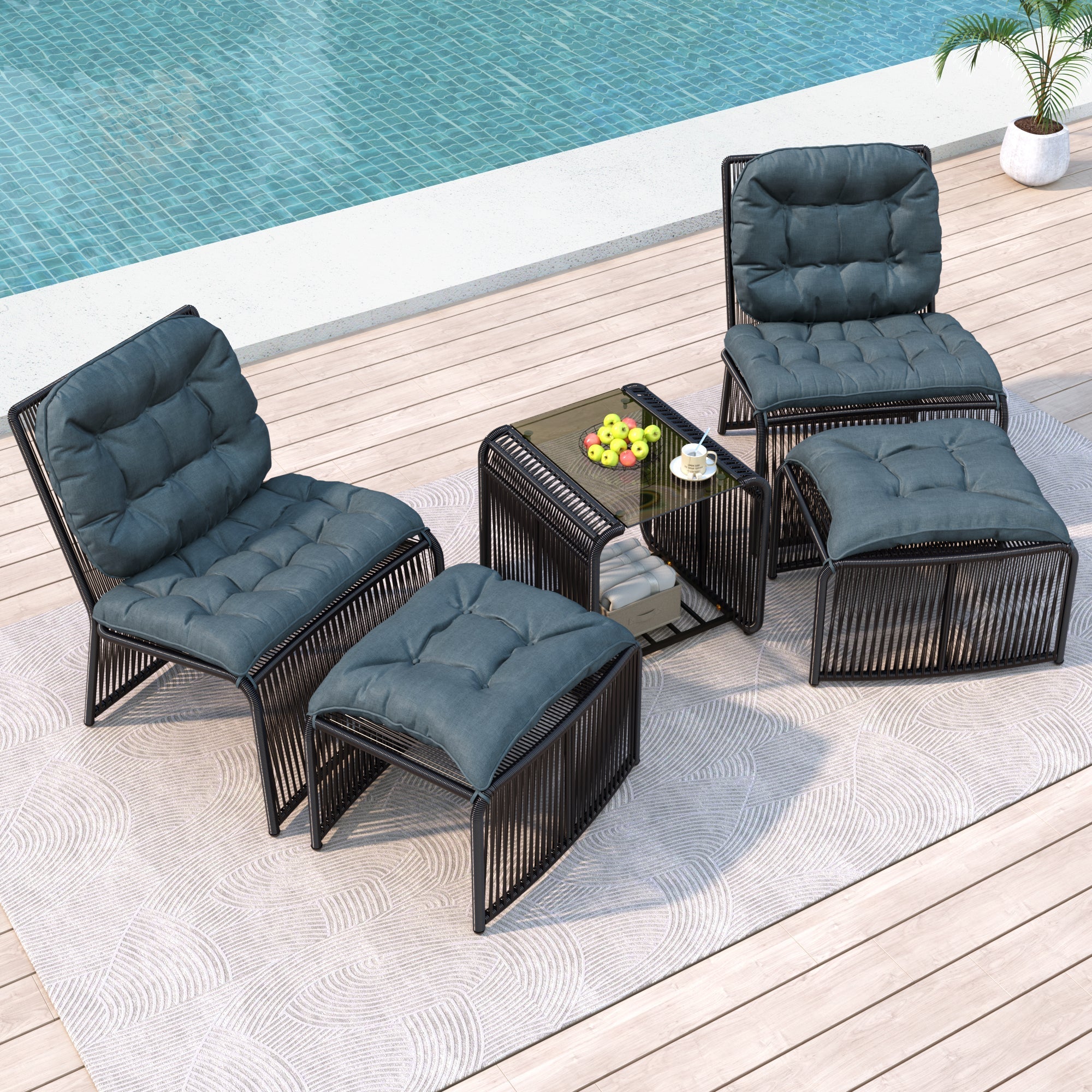 5-Piece Outdoor Garden Furniture Set with Table, 2 Chairs, 2 Stools and Glass Top, PE Rattan and Iron Frame