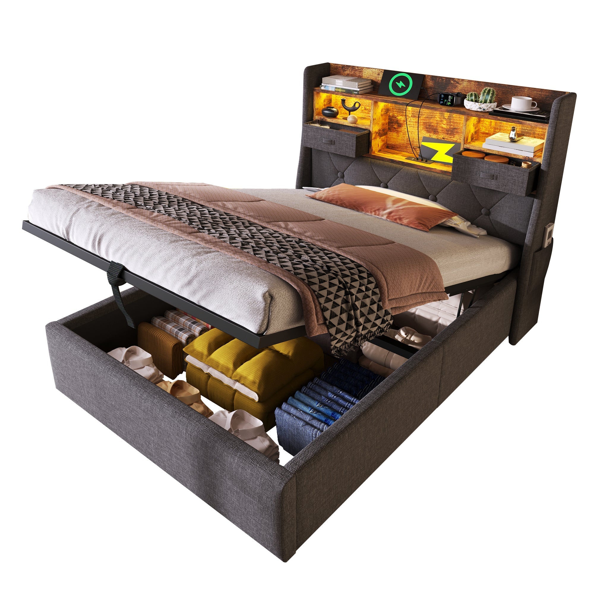 Upholstered Bed Hydraulic Storage LED Headboard 90x200cm, Grey Linen Fabric