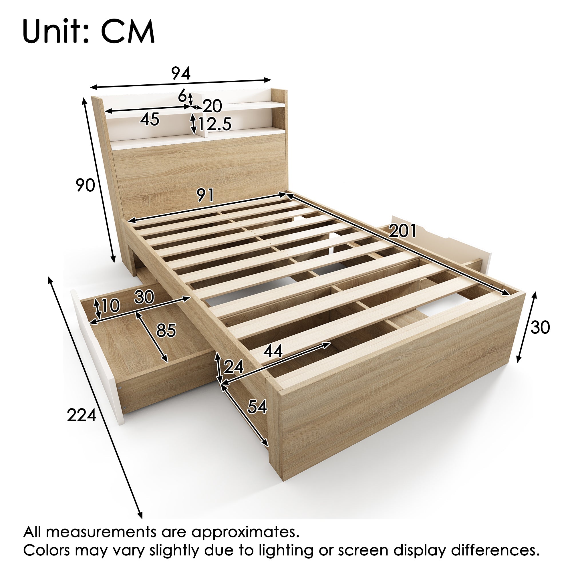 Wooden Single Bed with Headboard Shelf, 2 Drawers and Mattress, 90x200cm, White and Oak Solid Wood
