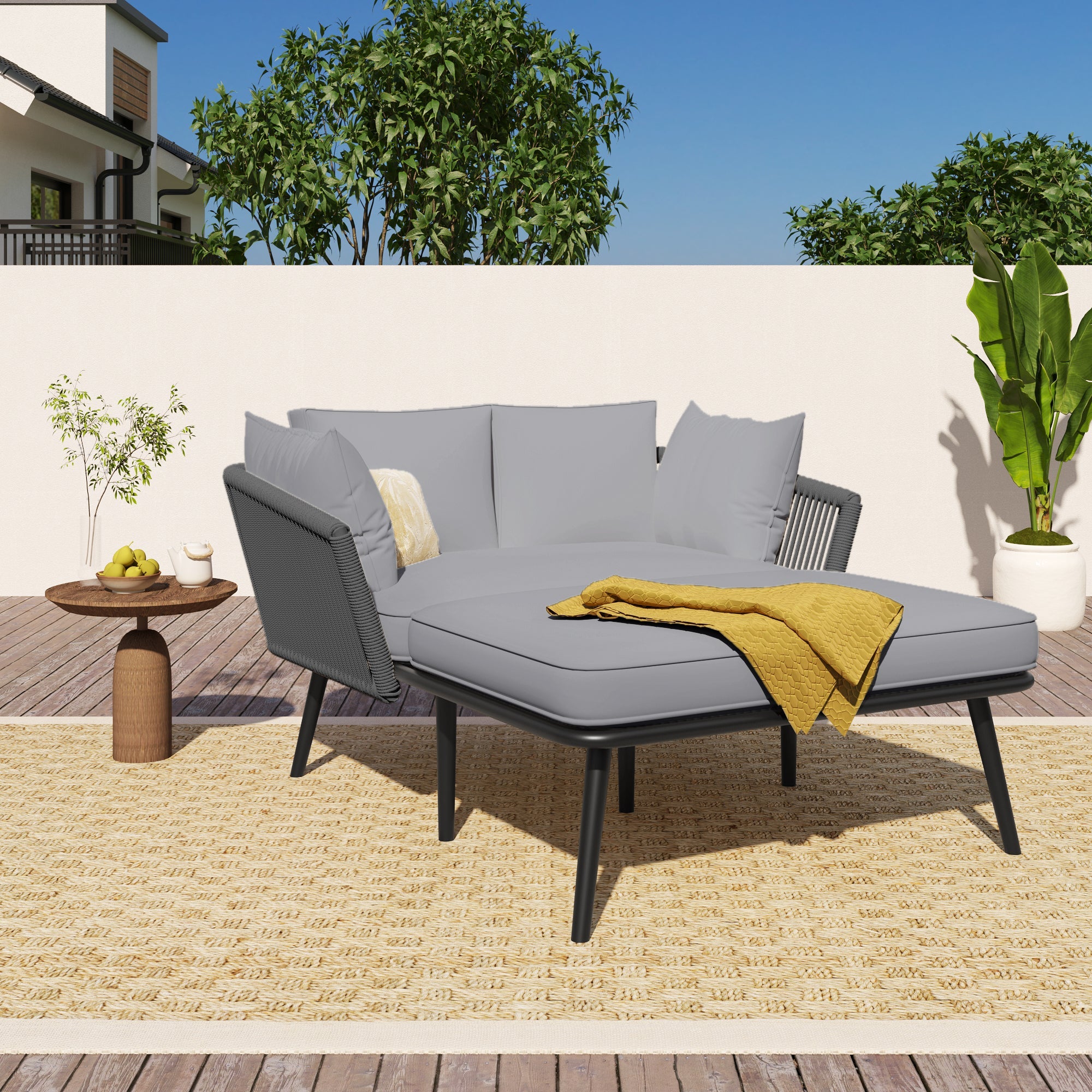 Garden Sofa and Sun Lounger with 2 Cushions and 2 Pillows, Grey