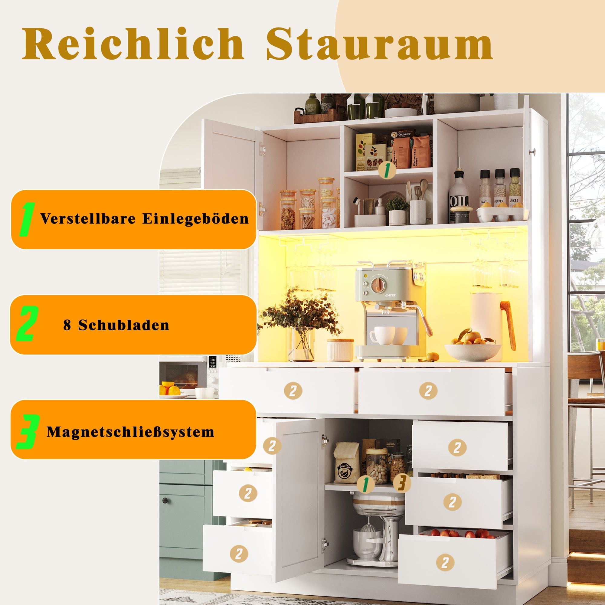 Modern Tall Cabinet Smart LED Lighting 8 Drawers Adjustable Shelves White