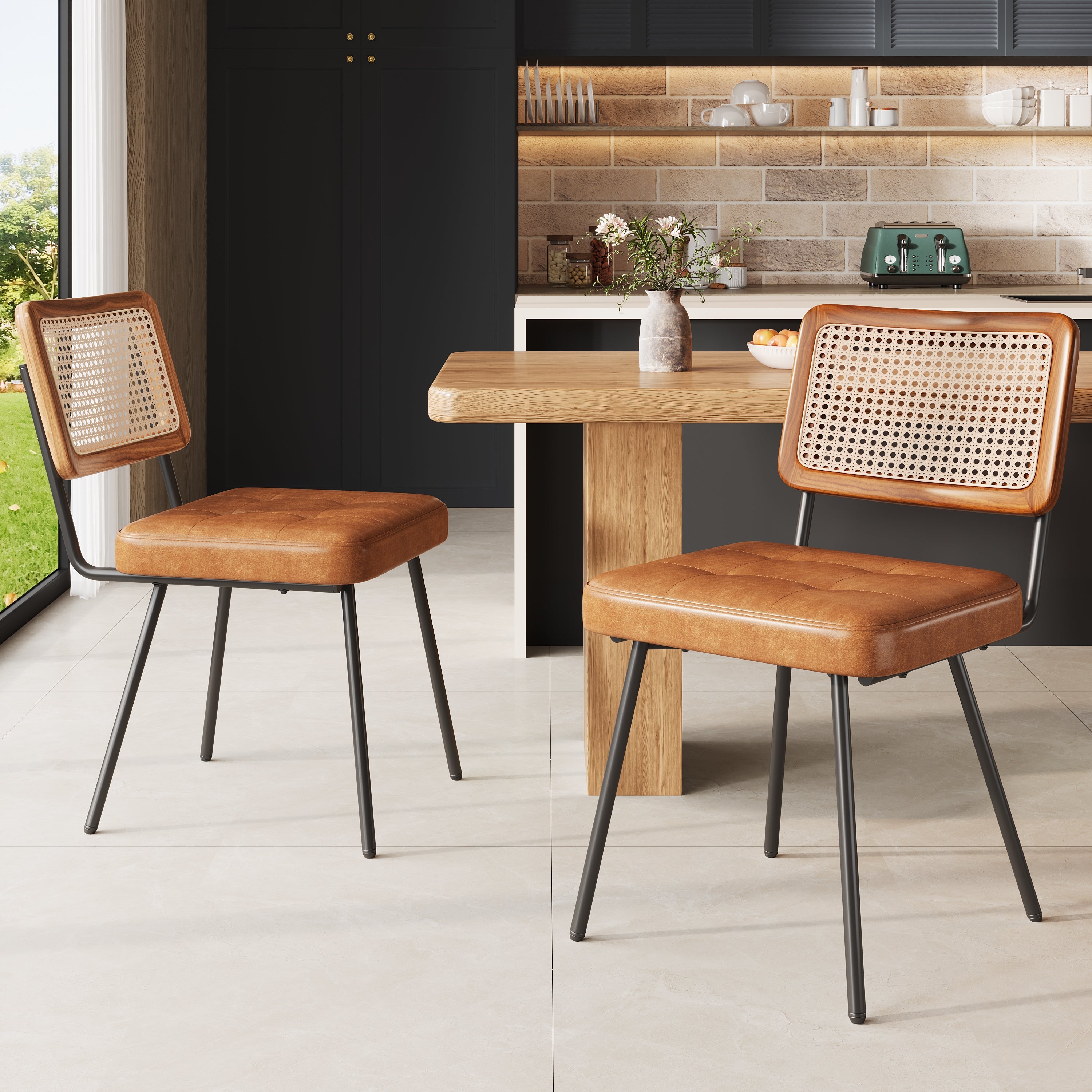 Ergonomic Dining Chair Set of 2 with Rattan and Faux Leather