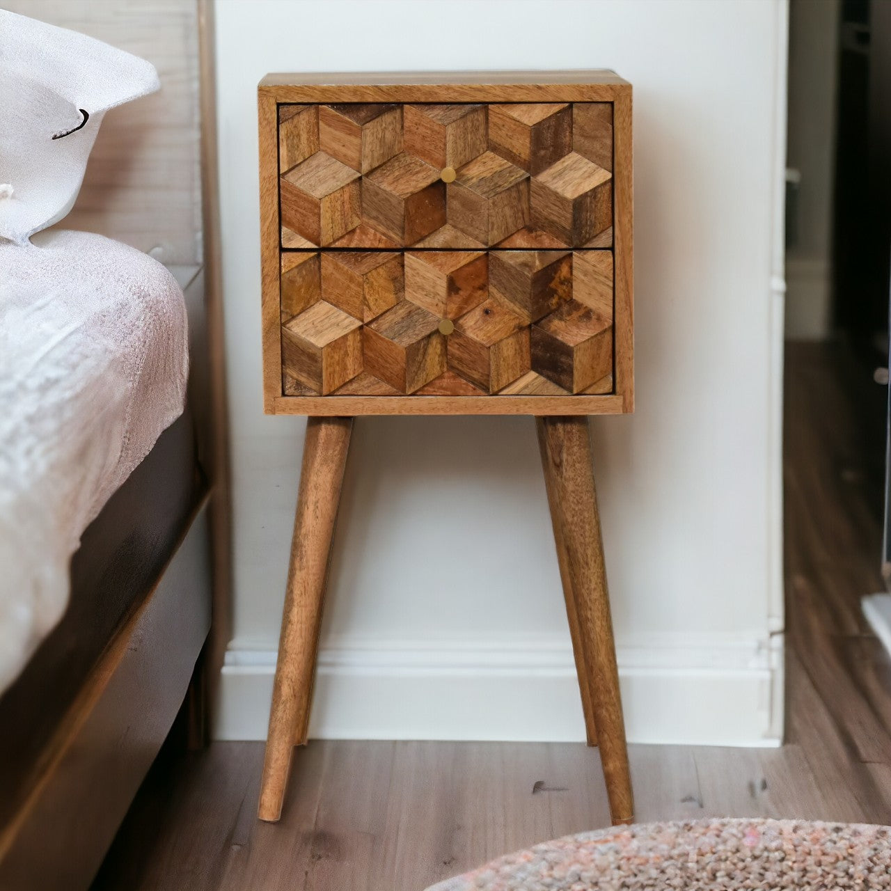 Solid Wood Mini Cube Carved 2 Drawer Bedside, Brown