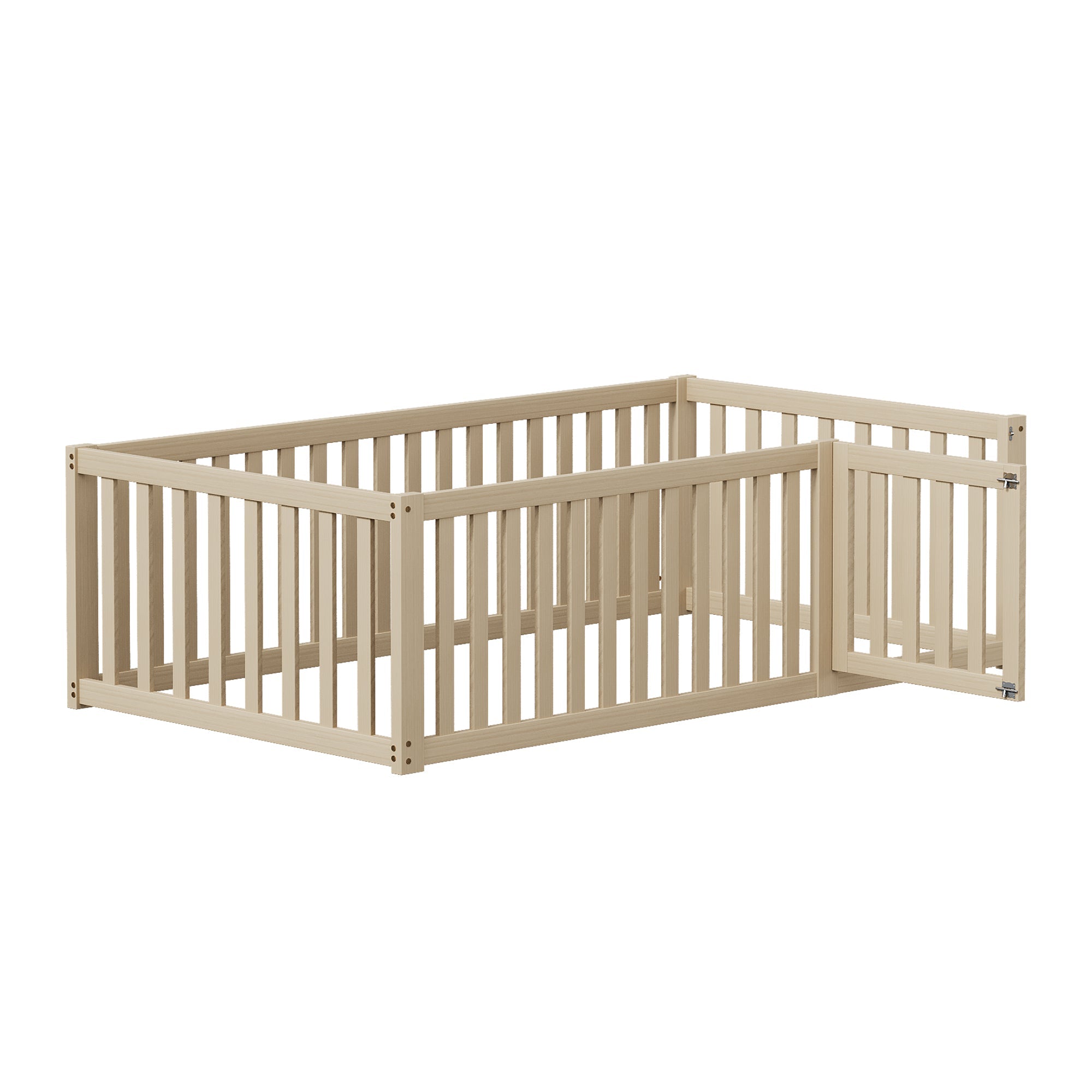 Children's bed 90 x 200, floor bed frame with fence and door, wood