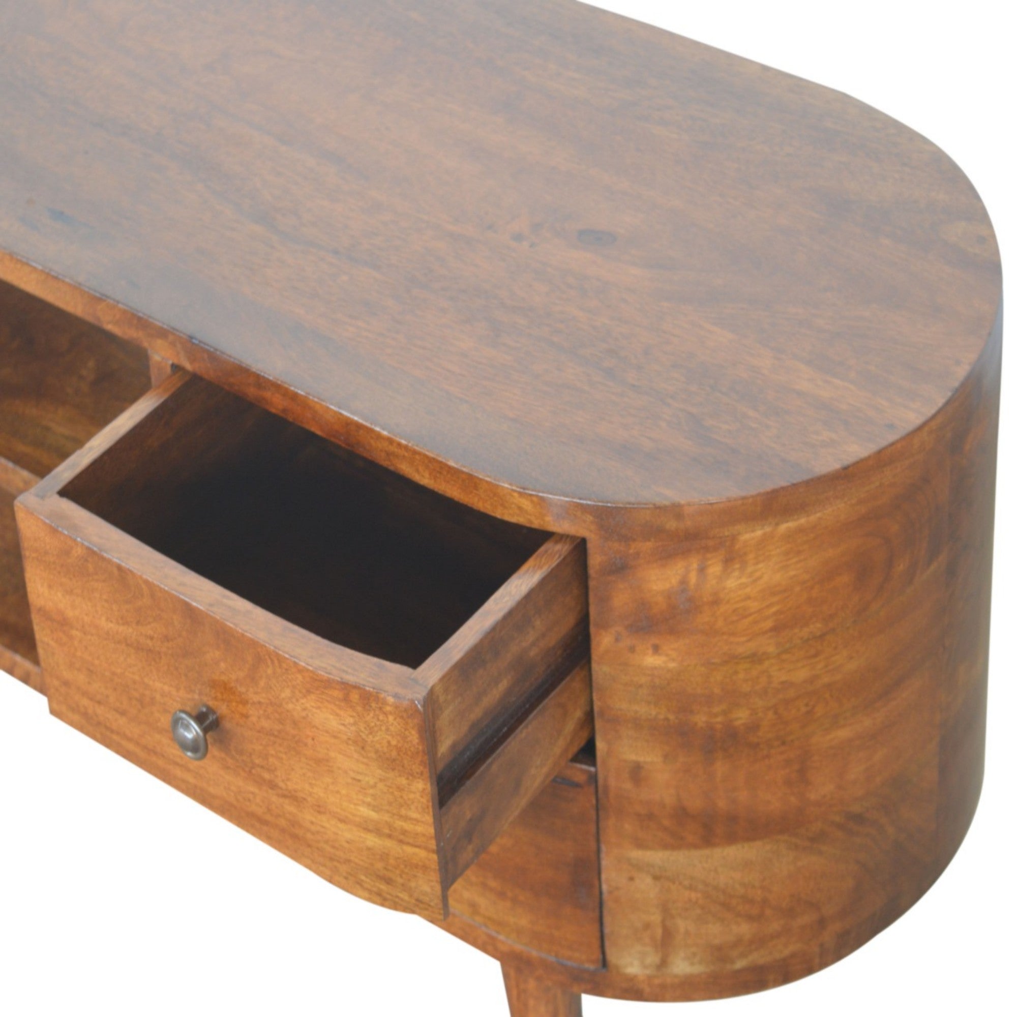 Solid Wood Entertainment Unit, Rounded 4 Drawers 2 Open Slots, Dark Brown Chestnut