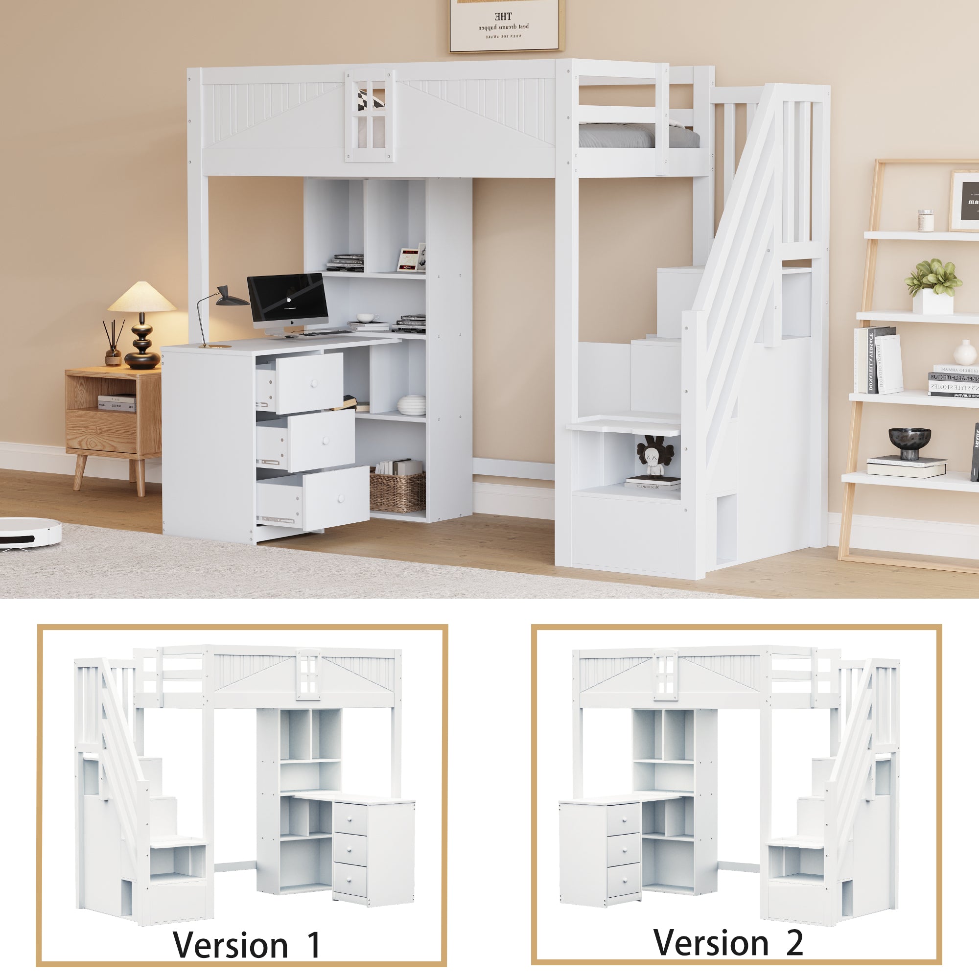Loft Bed, 90x200cm with Storage, Desk, Drawers, White Solid Wood