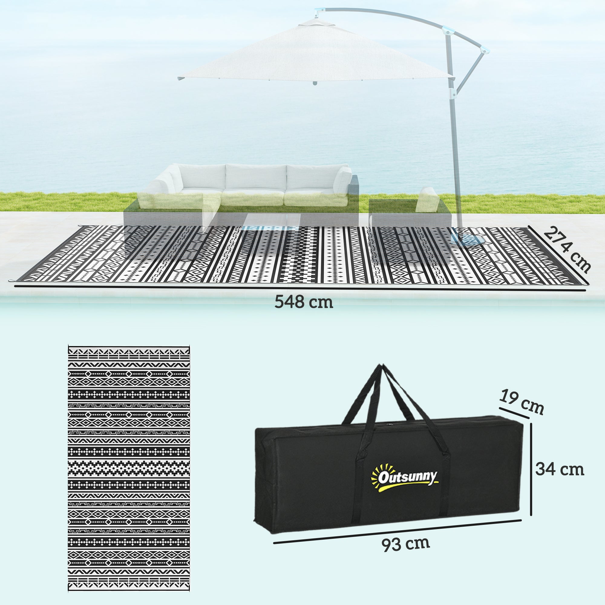 Outdoor Rug, Robust Weatherproof Foldable Boho, Black and White