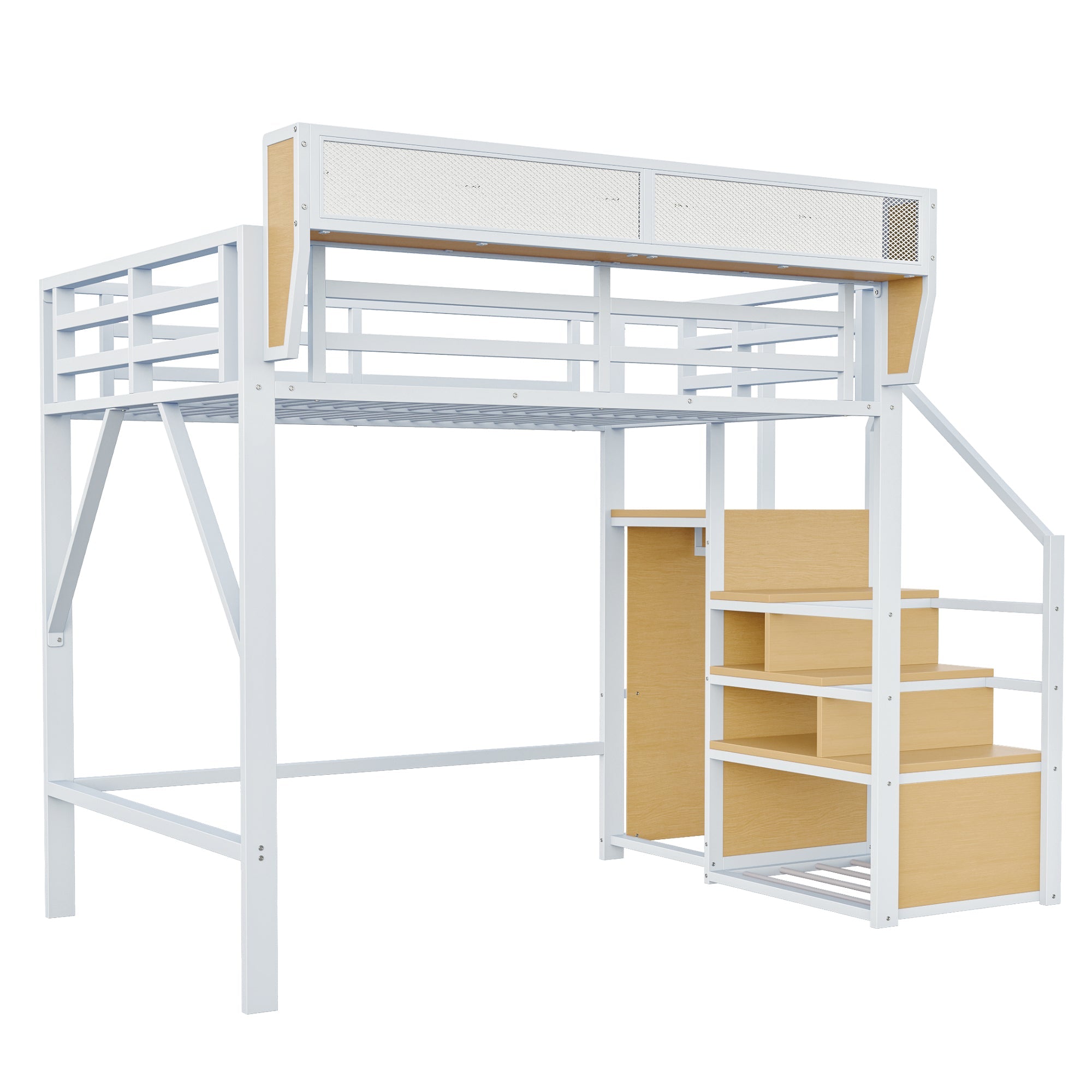 Loft Bed 140x200 Safety Ladder Storage Metal White
