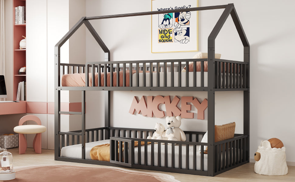 Children's Bunk Bed 90*200, Loft Design with Stairs & Small Door, Metal Black