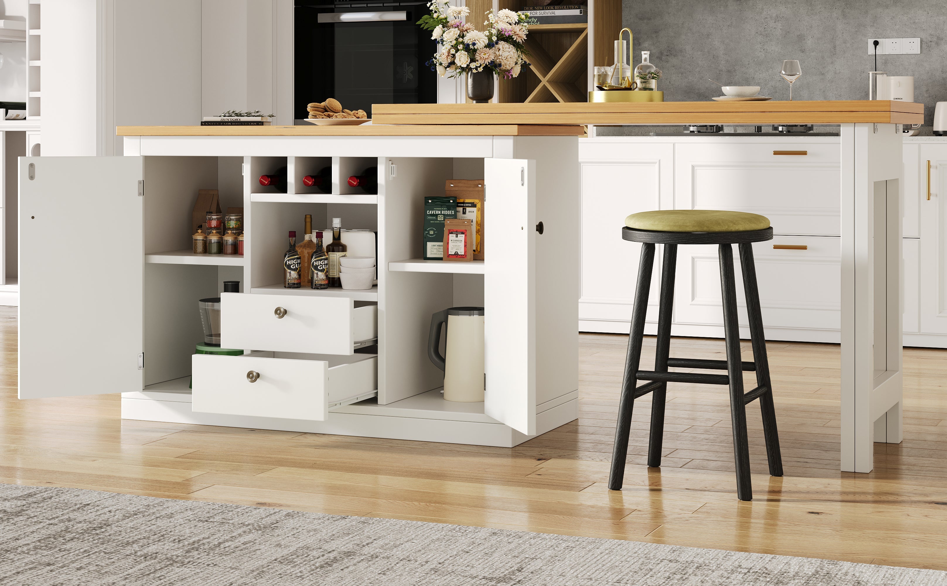 Extendable Bar Table with 360 Swivel and Storage, 120-180cm, White and Black