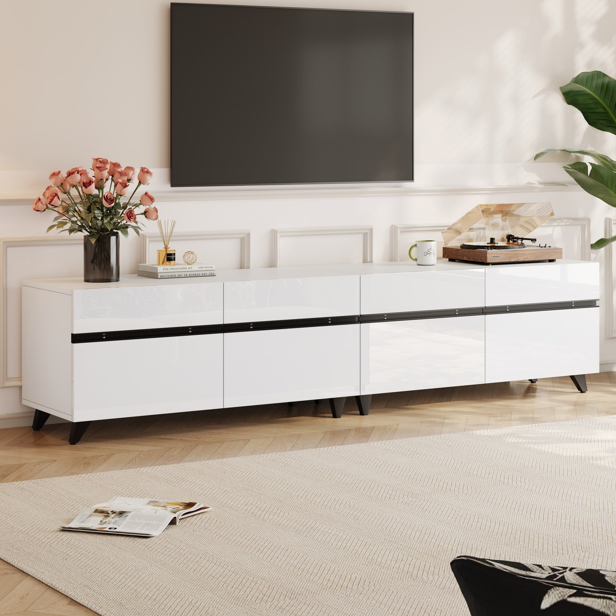 TV Cabinet High-Gloss Lowboard 4 Cabinets Adjustable Dividers 180x40x49cm