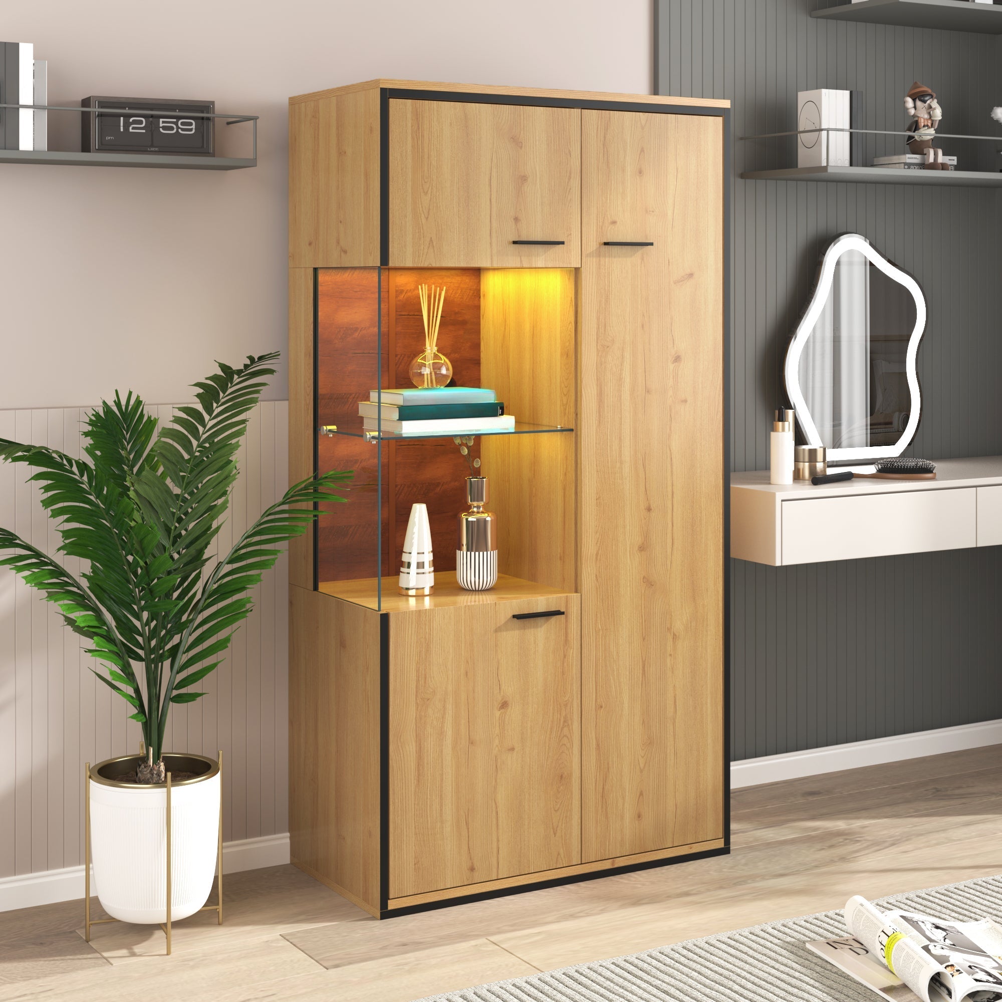 Display Cabinet, 150Hcm LED Glass Multi-Purpose, 15 Color Options