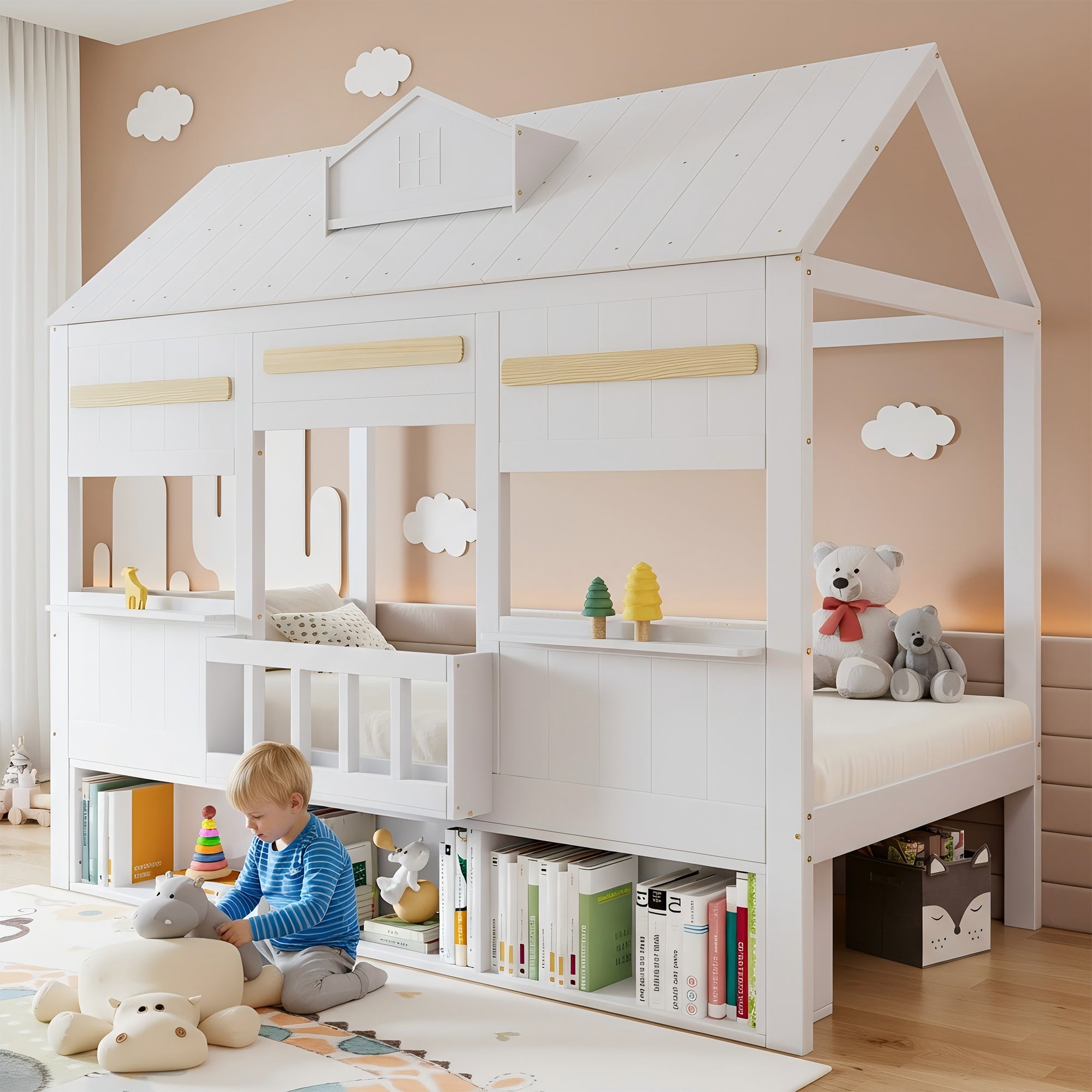 Loft Bed with House-Shaped Design, Bookshelf and Slatted Base, 90x200cm, White Pine + MDF