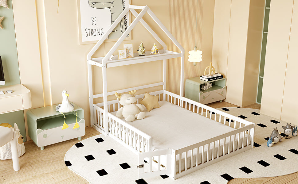 Children's Bed 140x200, Solid Wood Frame with Storage & Safety Gate, White