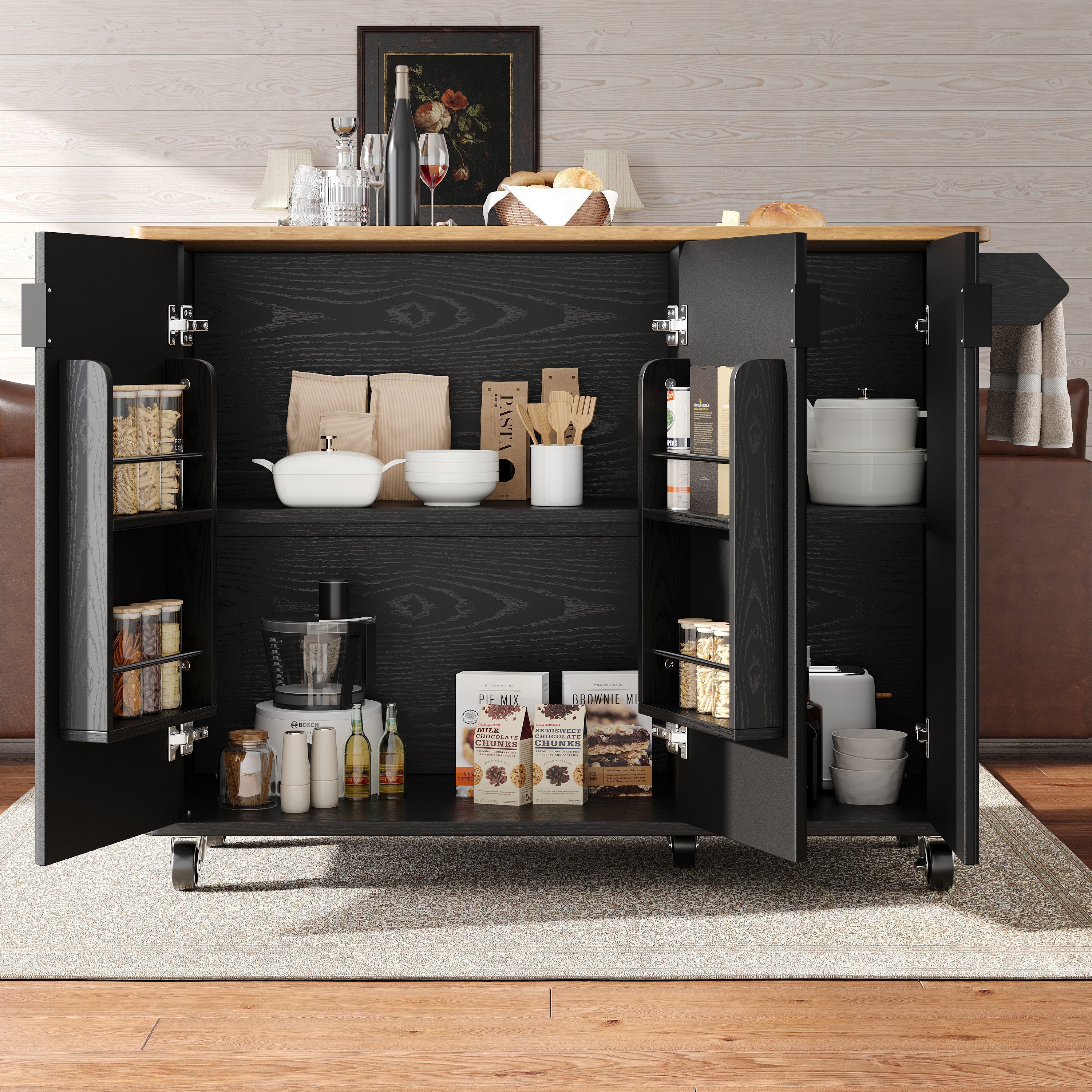 Kitchen Island Extendable 130cm Trolley 3 Doors Spice Rack - White/Black