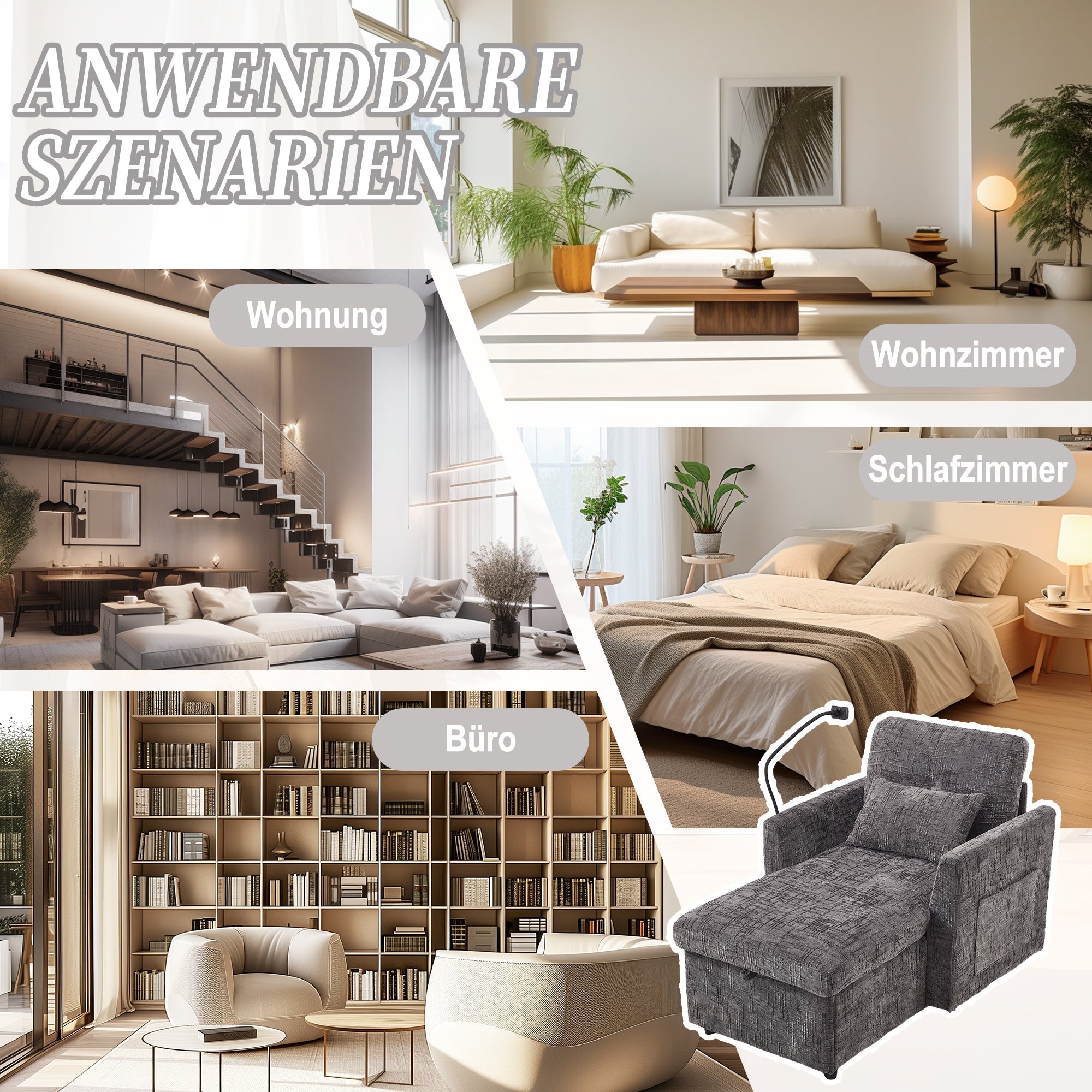 Multifunctional Reclining Sofa, Lounge Chair Mobile Holder, Chenille Armchair