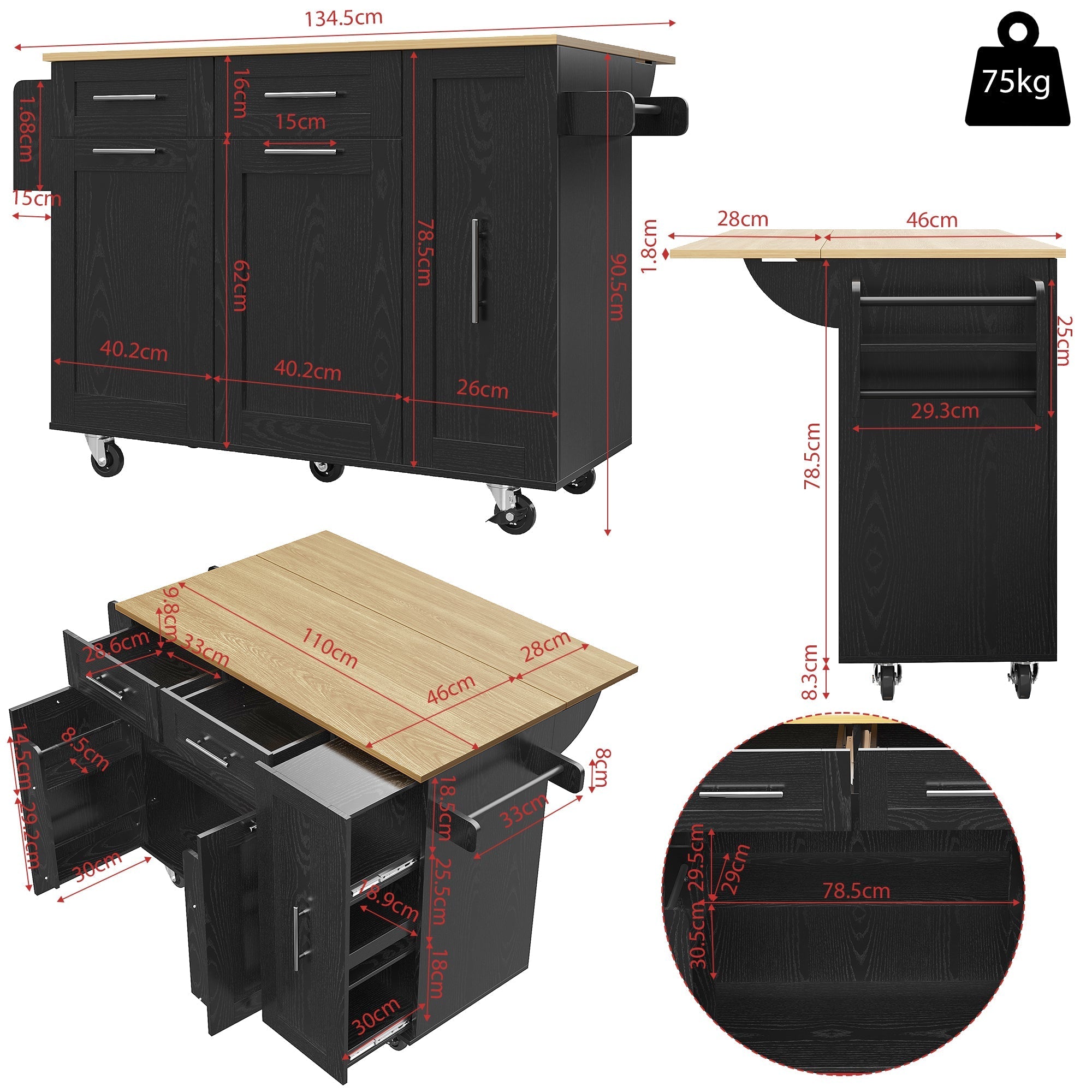 Modern Kitchen Island Buffet Cabinet Dining Table Storage Cart Wood Grain Black