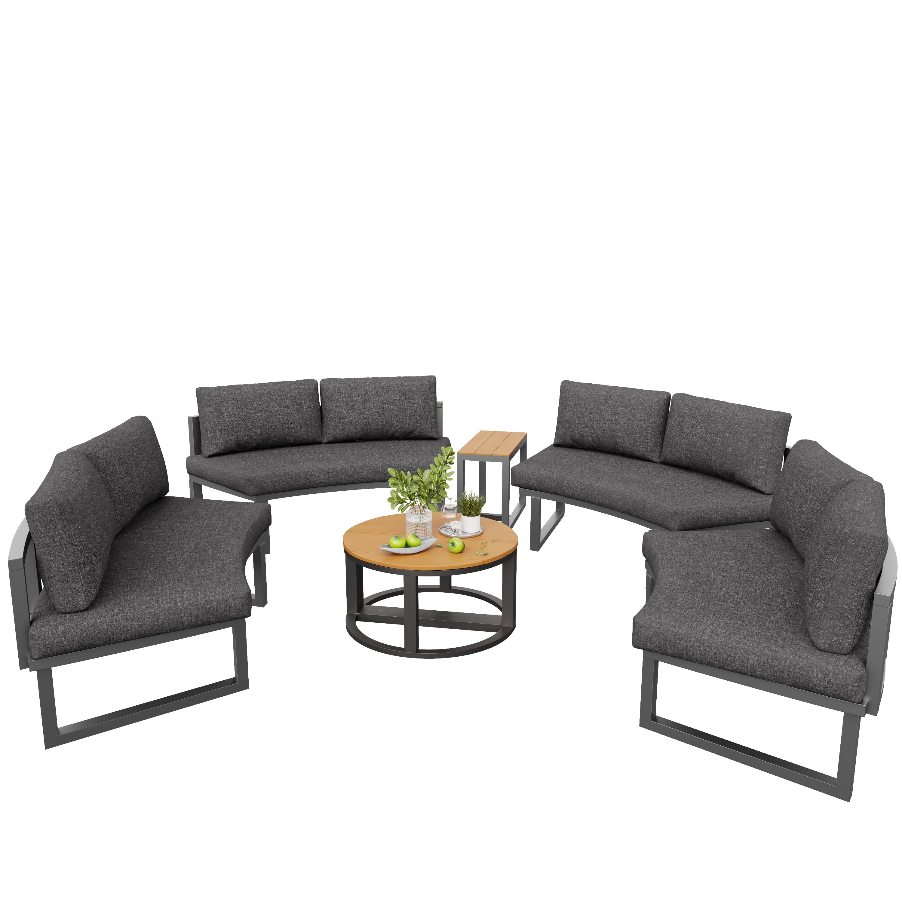 Garden Furniture Set for 4-6 People with Round Sofa and Two Rocking Chairs, Grey