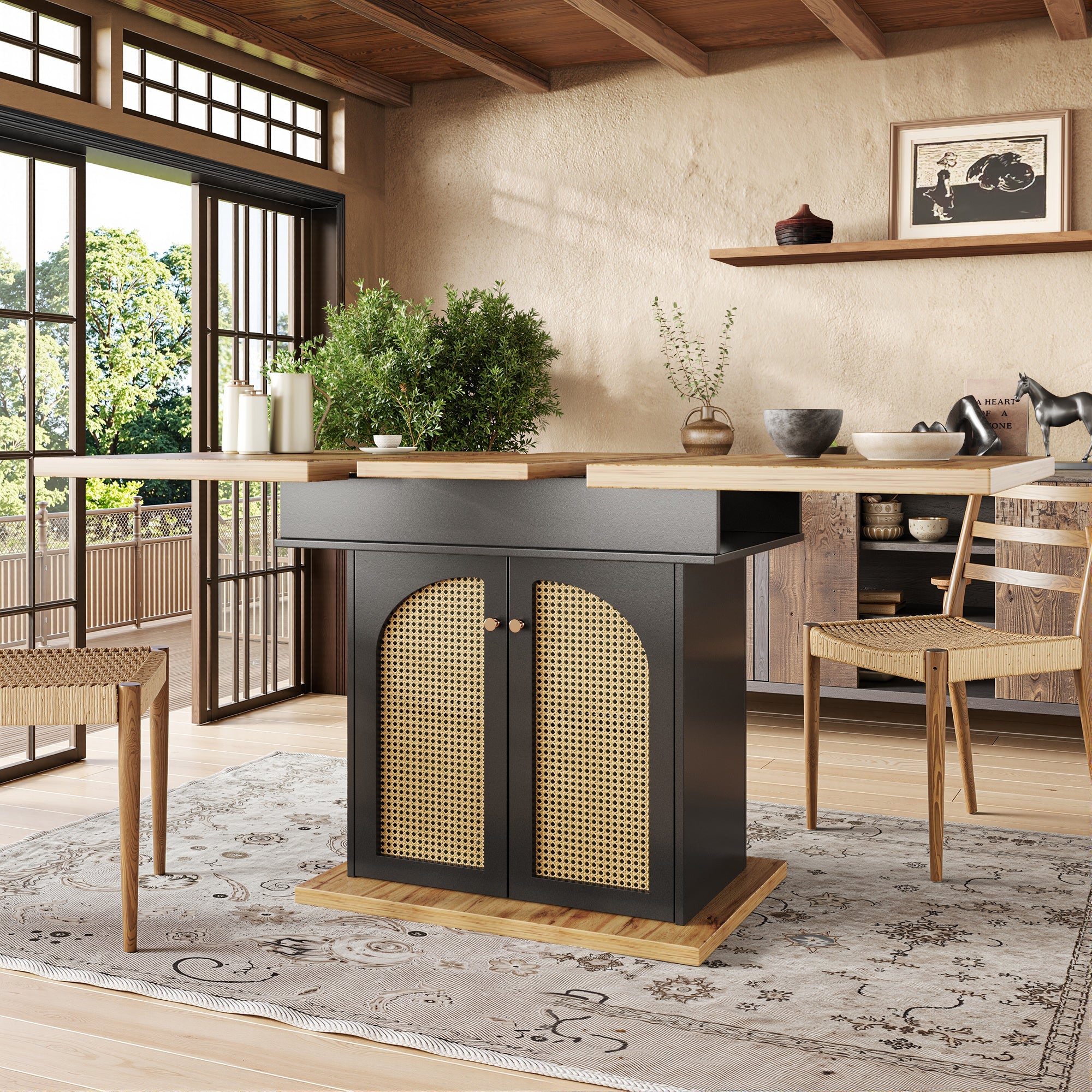 Telescopic Dining Table, Extendable Foldable Space-Saving 4-6 Person, PE Rattan