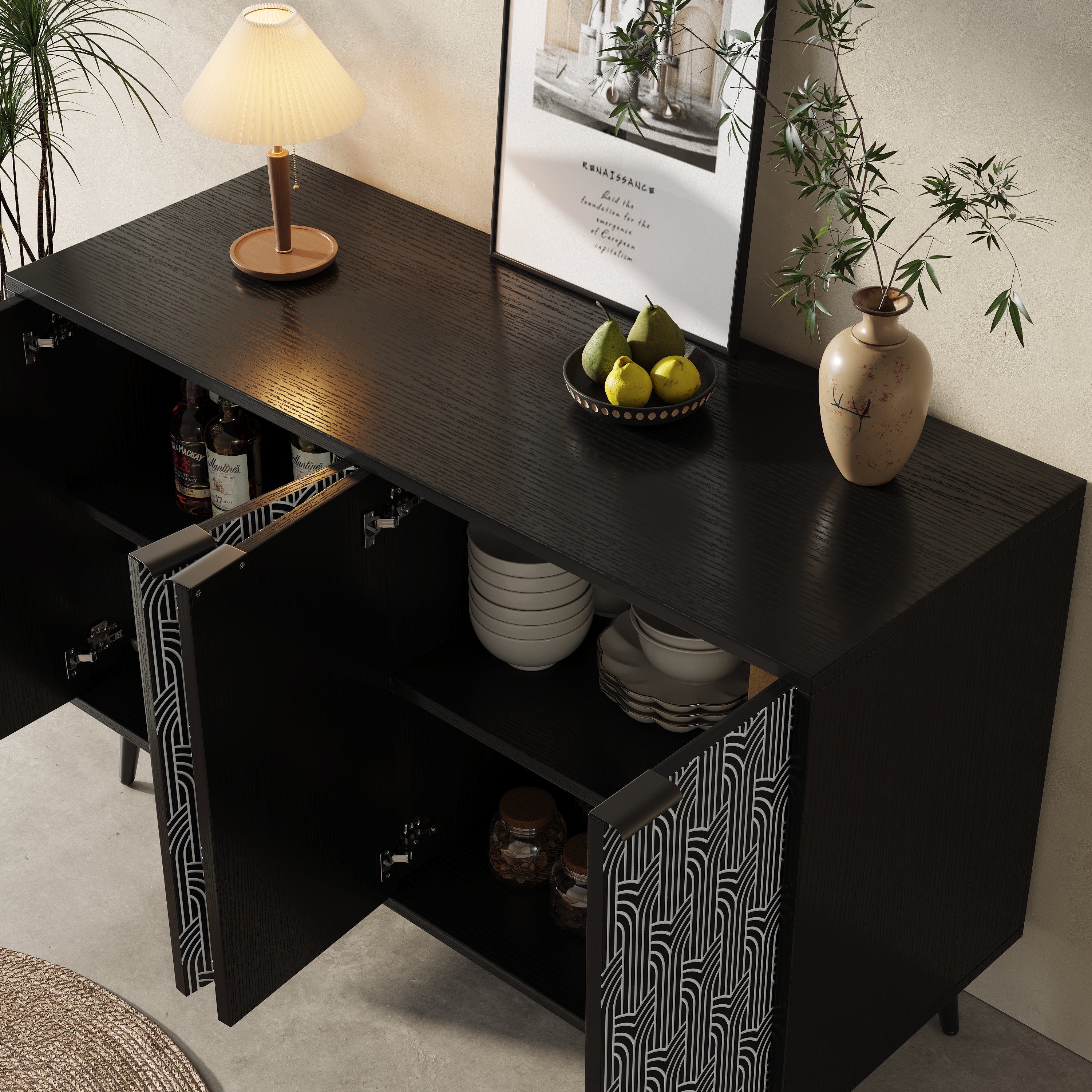 Dining Room Cabinet Freestanding Storage Unique Carved Herringbone Door Black
