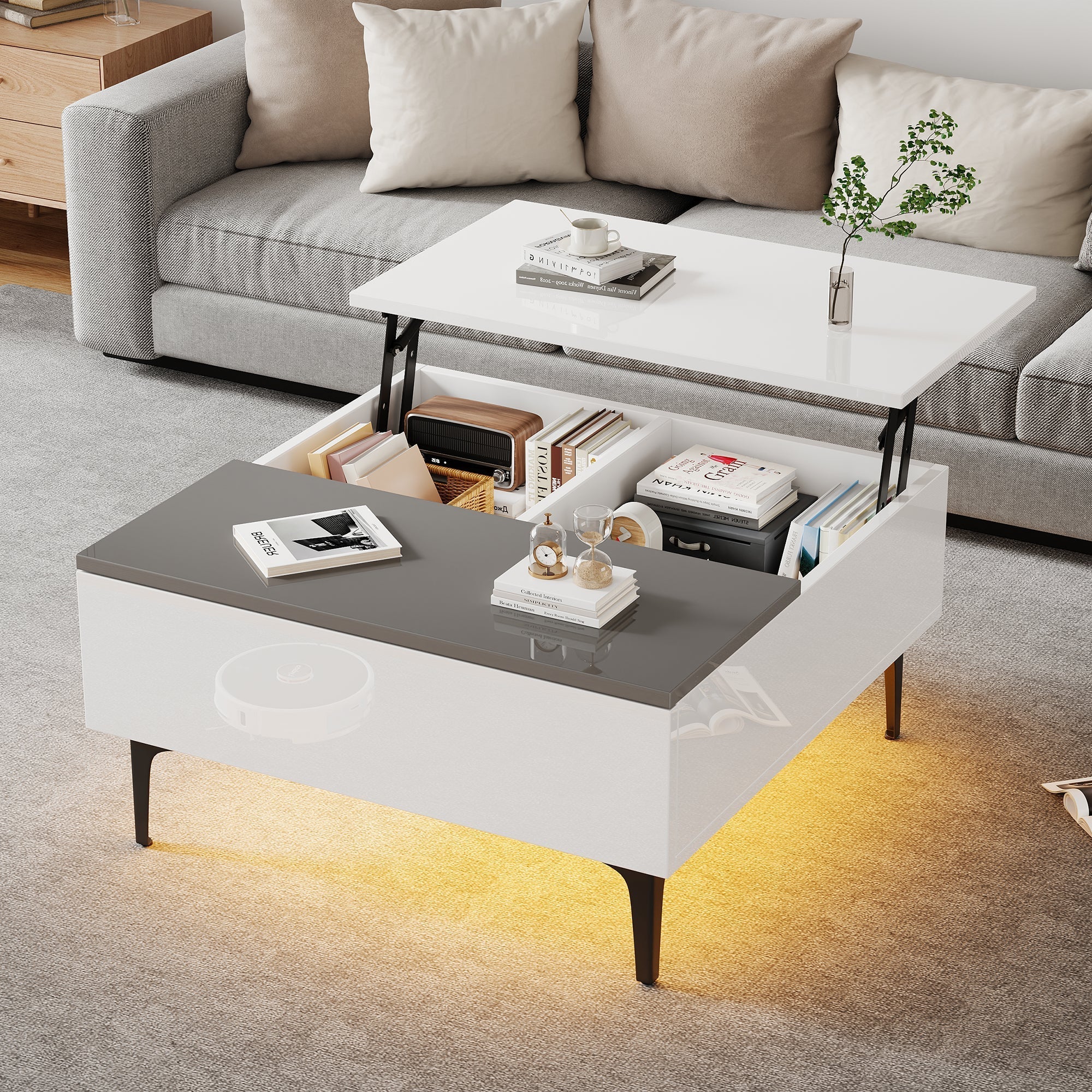 Coffee Table, Height-Adjustable with Hidden Storage and Shelves, White High-Gloss