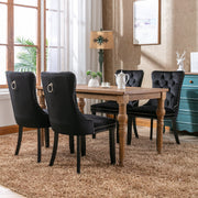 Upholstered Velvet Dining Chairs, Button Tufted with Solid Wood Legs, Riveted Trim & Knocker Ring, Set of 4, Black