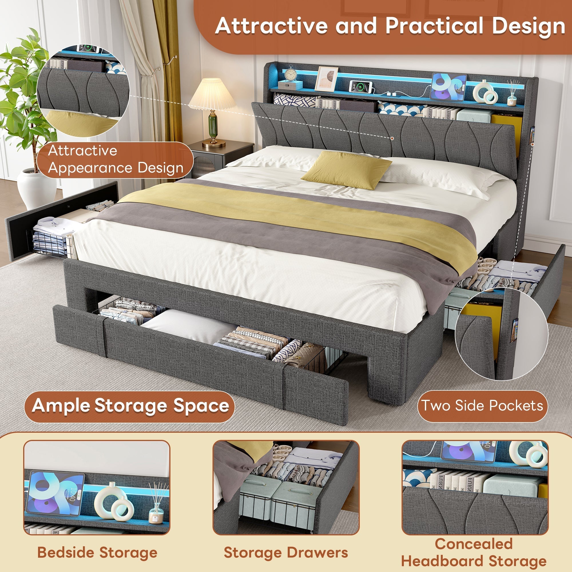 4ft6 Double Upholstered Bed, 3 Storage Drawers LED Headboard Charging Station, Linen Grey