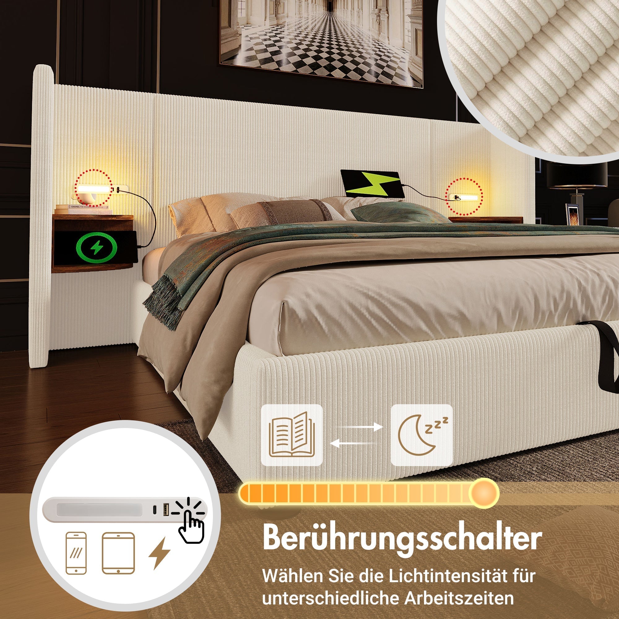 Upholstered Double Bed 180×200 with Bedside Table, Reading Lamp, USB-C, Solid Wood & Metal Frame, Beige-White Corduroy