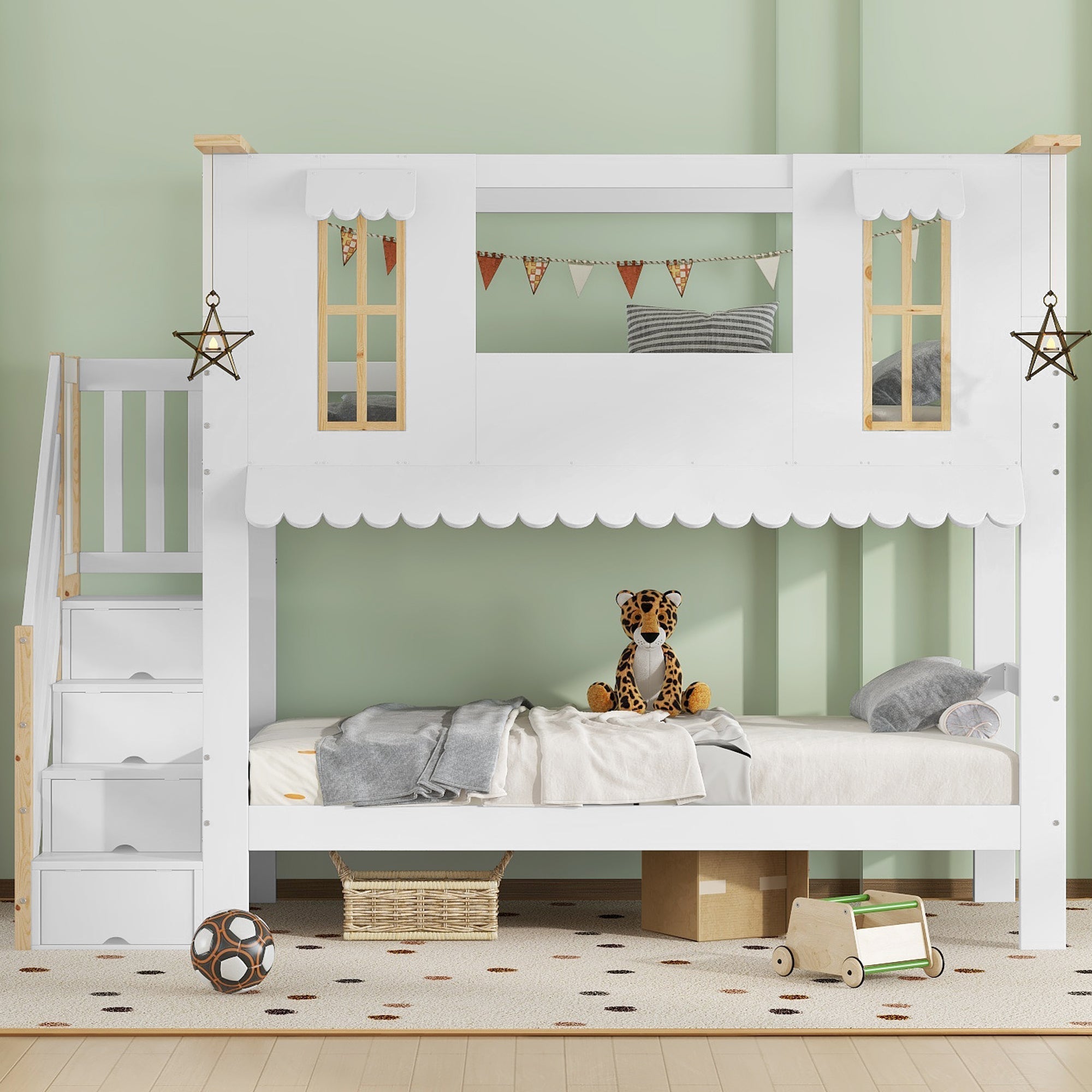 Bunk bed, children's bed with storage stairs, exquisite windows, wavy roof edge, white + natural