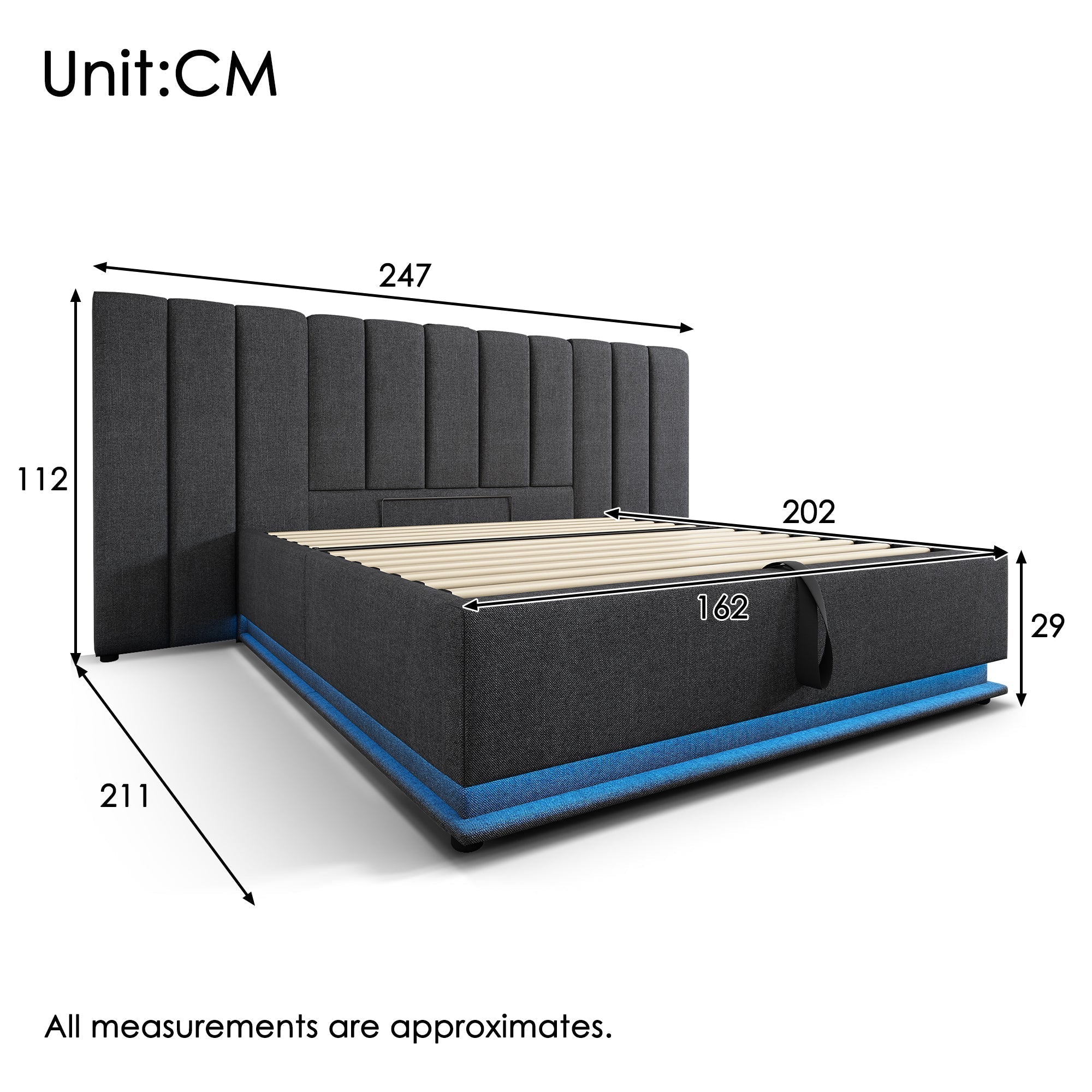 Upholstered Bed 160x200, Double Storage with App Control LED & USB-C, Grey Linen