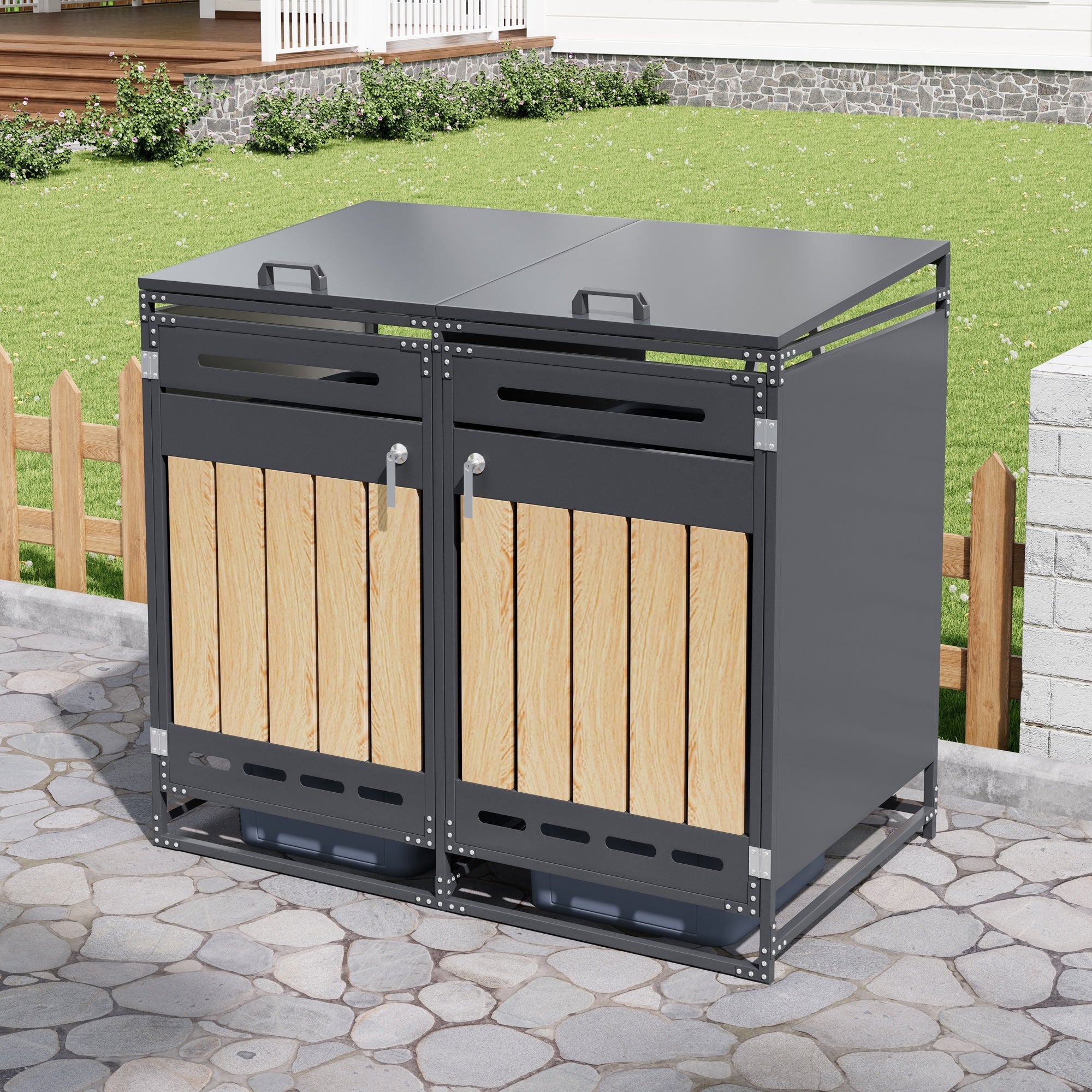 Bin Storage Unit with Hydraulic Lid, Slotted Ventilation and Lock, Iron Wood-Look Cladding