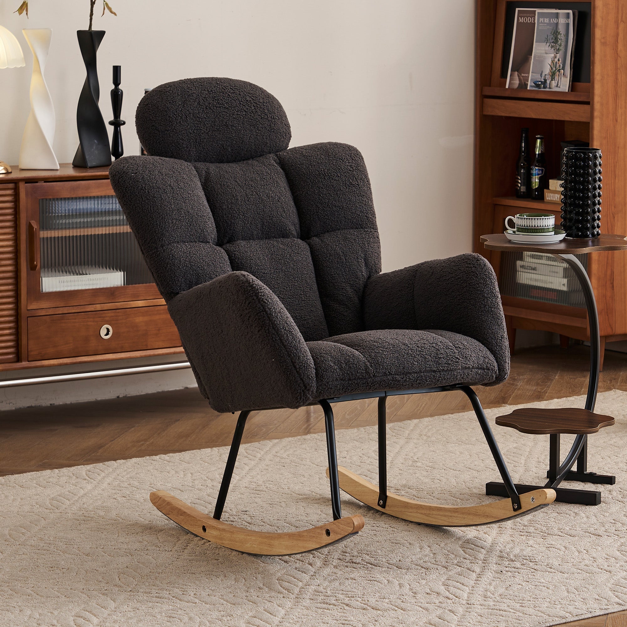 Rocking Chair, Tufted Upholstered Seat, Dark Grey Teddy Fabric
