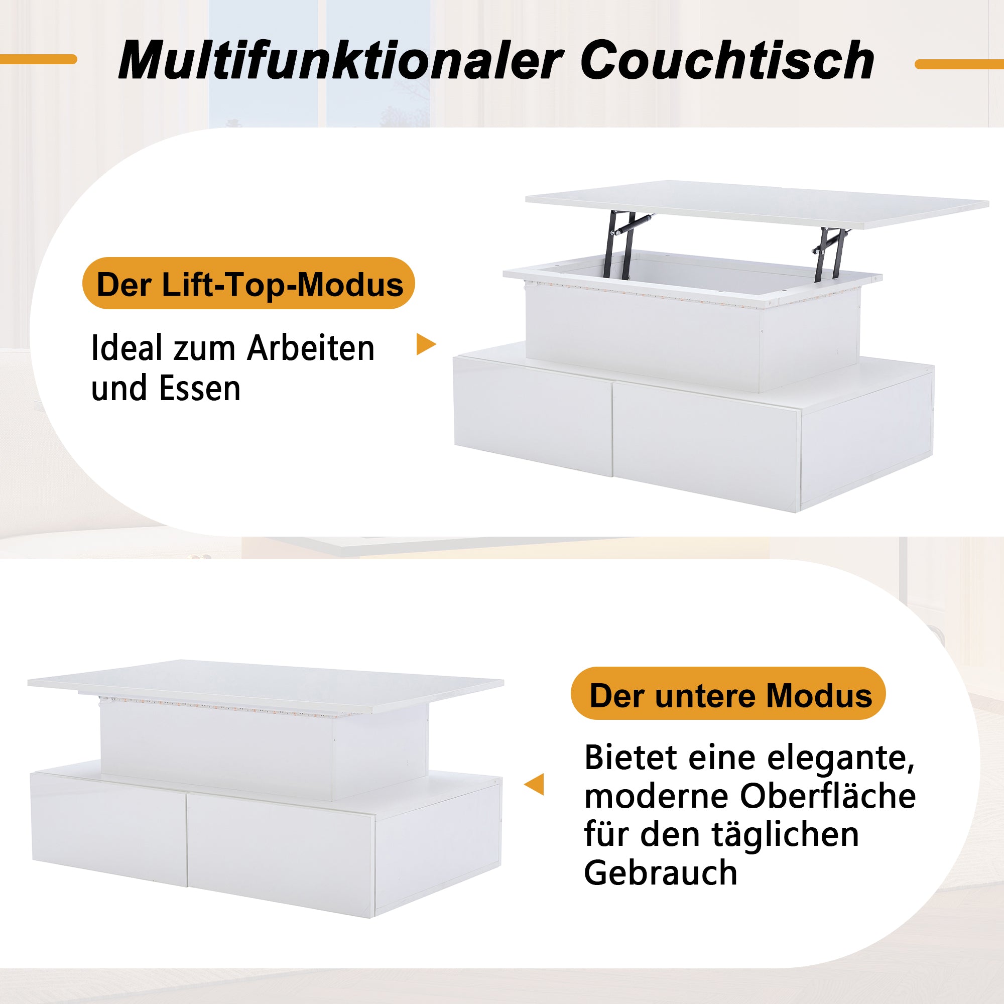 Coffee Table with LED Lighting and 4 Drawers, 90x55x41 cm, White High-Gloss
