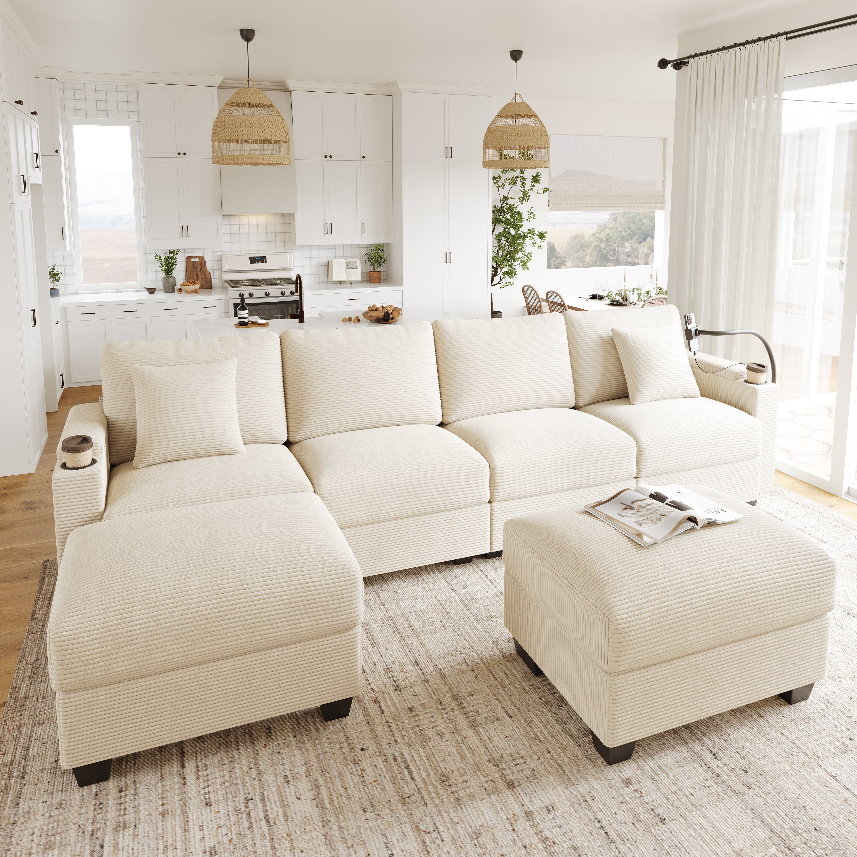 U-Shaped Modular Sofa with Sleeping Function, Phone Holder and USB Port, Beige Corduroy