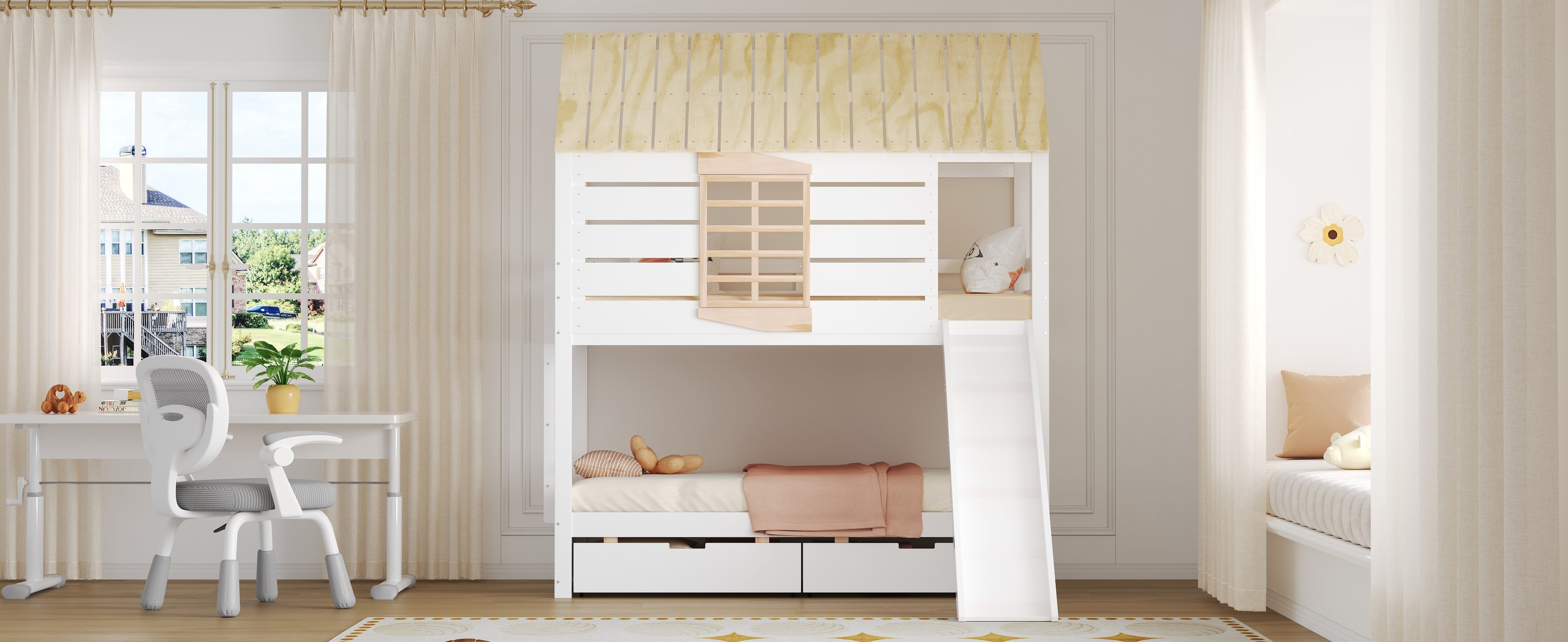 House Bunk Bed with Slide and 2 Storage Drawers, 90x200cm, White and Natural