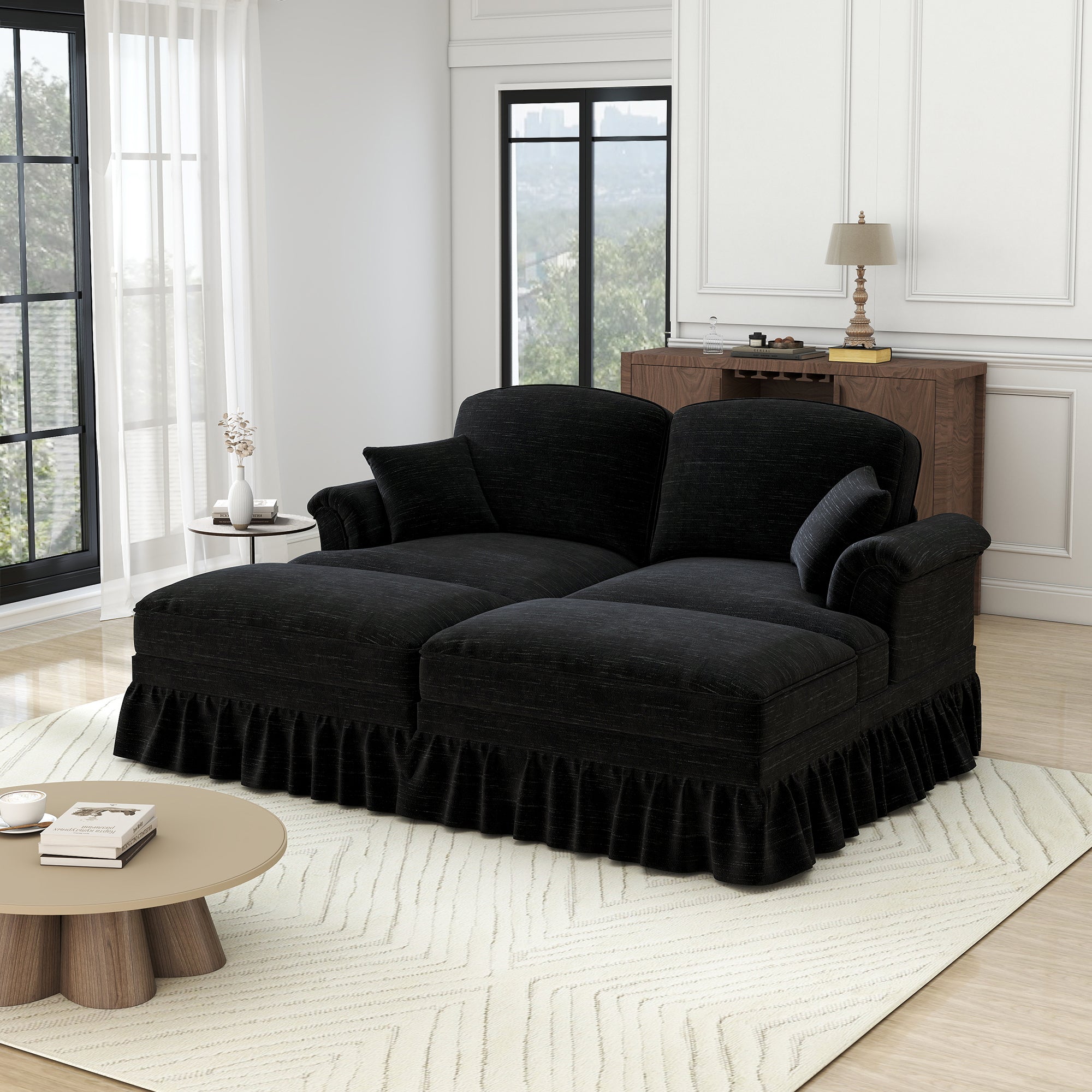Classic Modular 2-Seater Sofa with Ottoman & Ruffled Apron - Black Chenille