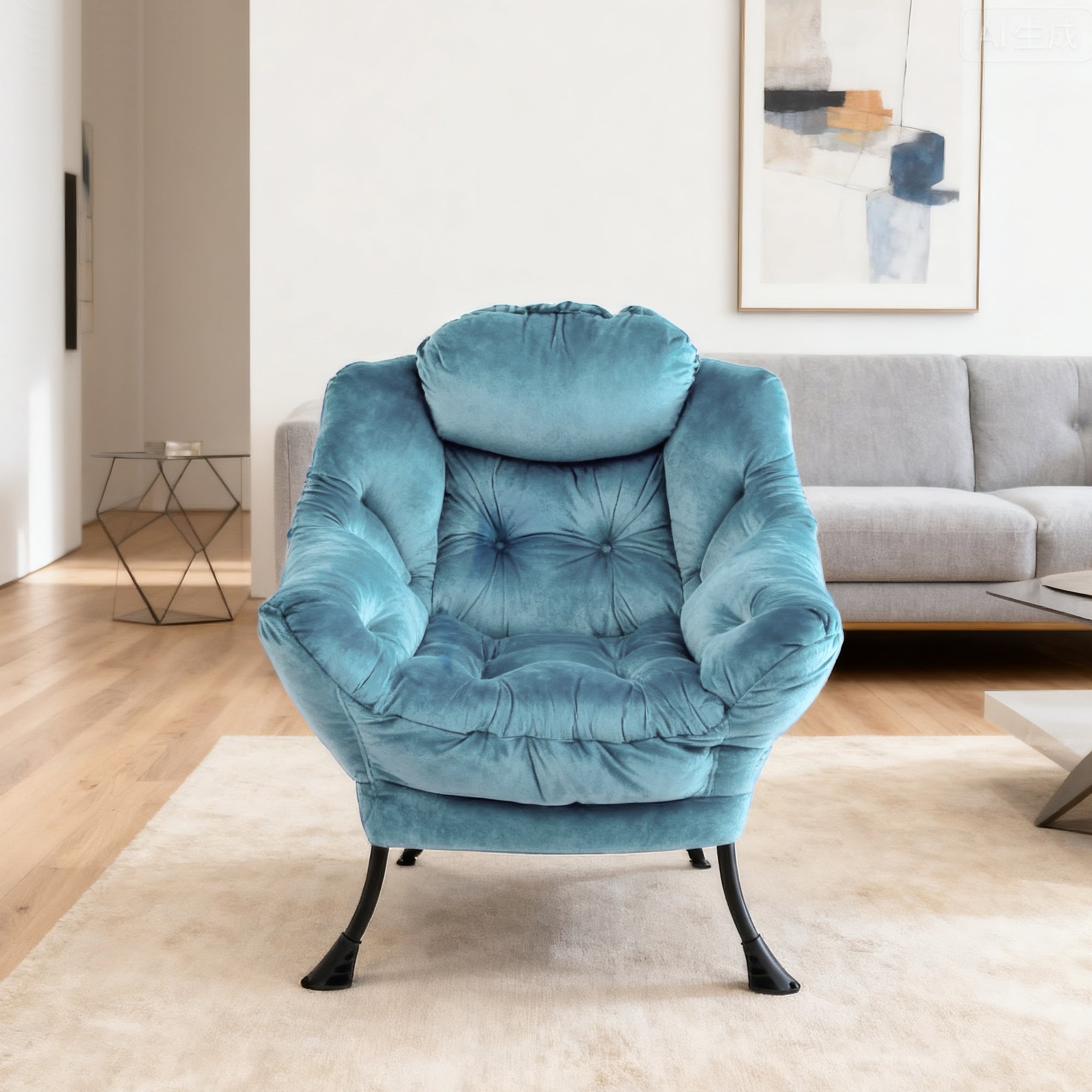 Armchair Recliner with Footstool, Armrests, Side Pocket - Blue