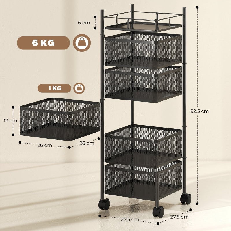 Kitchen Trolley with 5 Rotating Baskets and 4 Swivel Casters, Black Metal