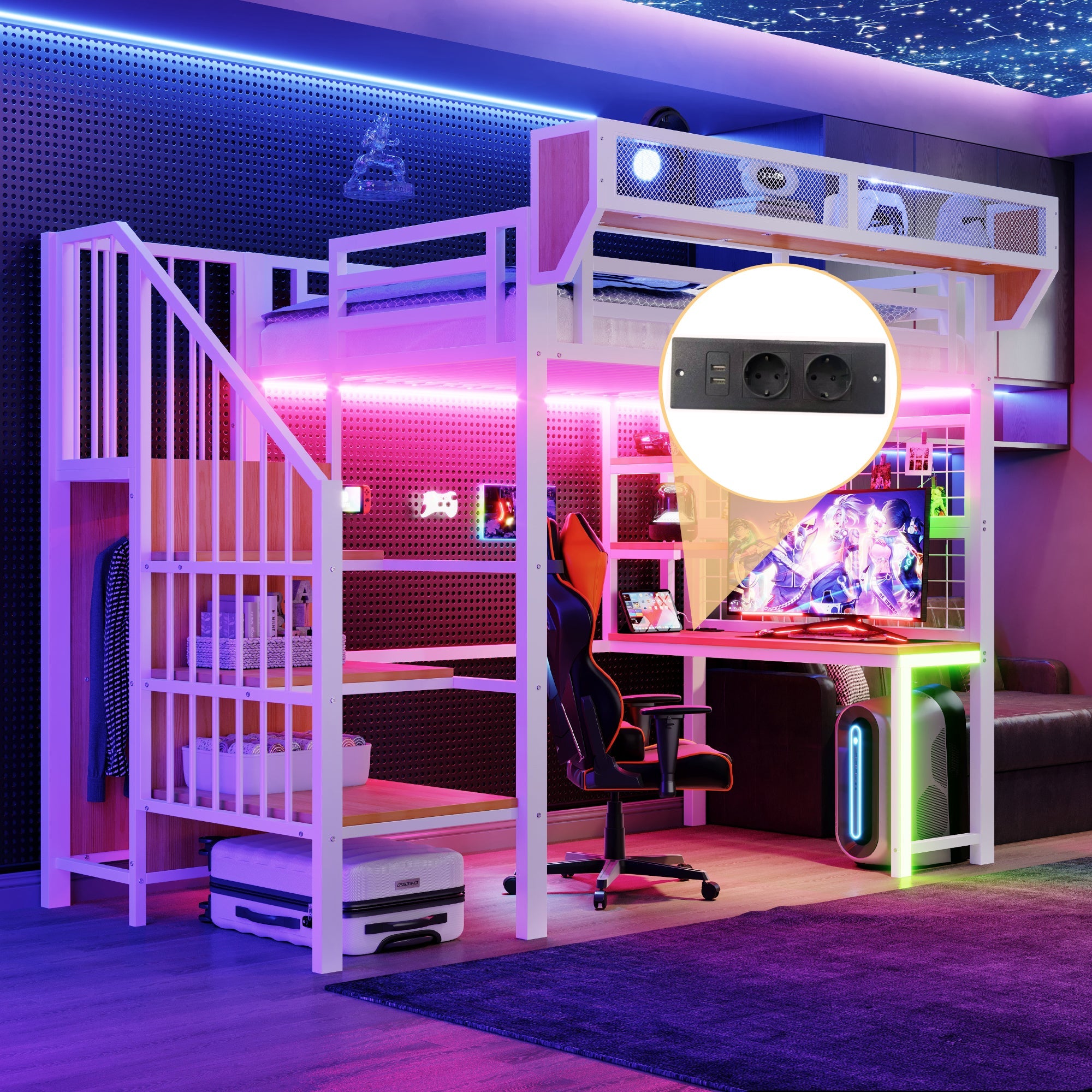 Metal Loft Bed with Desk, Shelf, LED and Socket, 90x200cm, White Metal