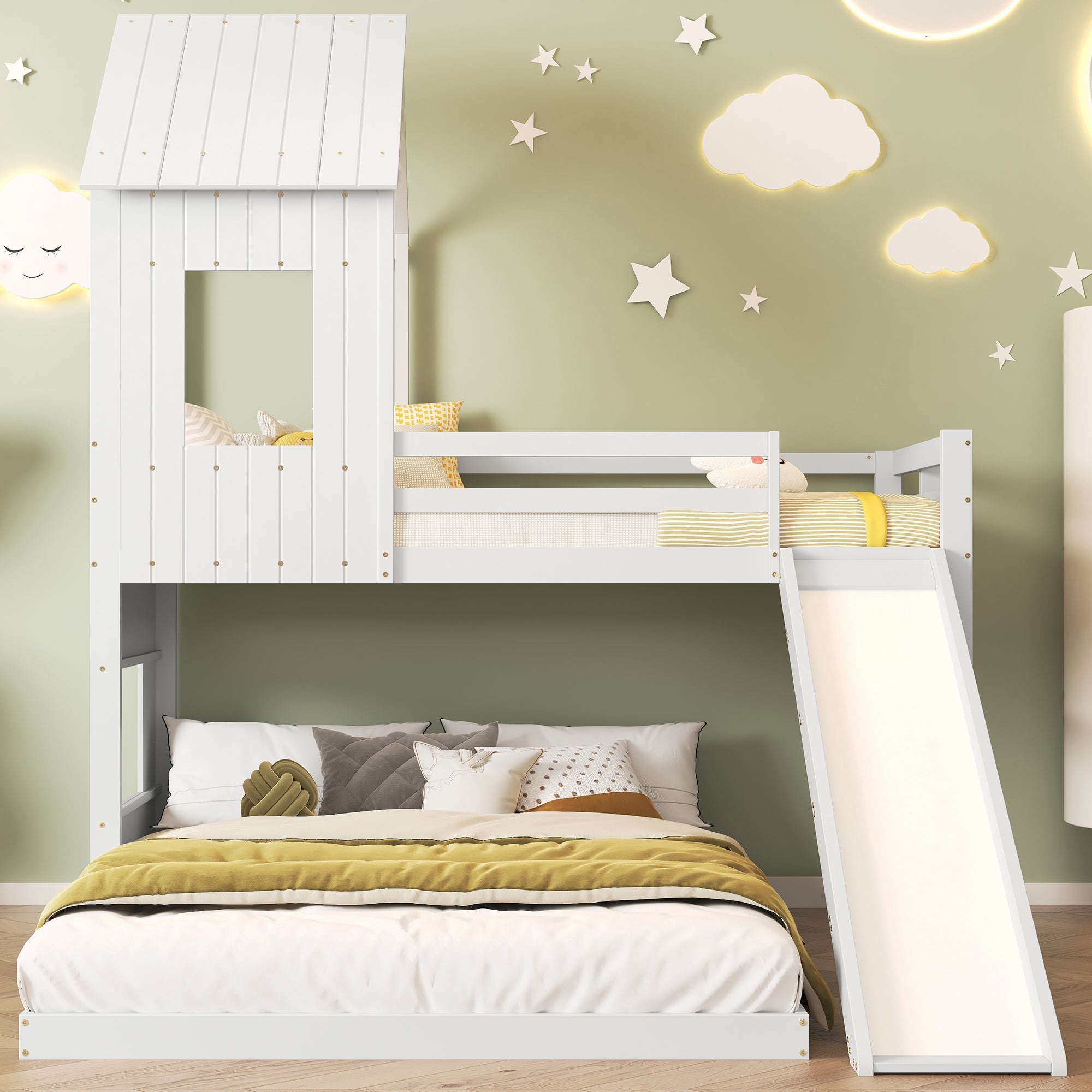 Bunk Bed, Slide House Bed with Safety Gate & Ladder, Pine + MDF, White