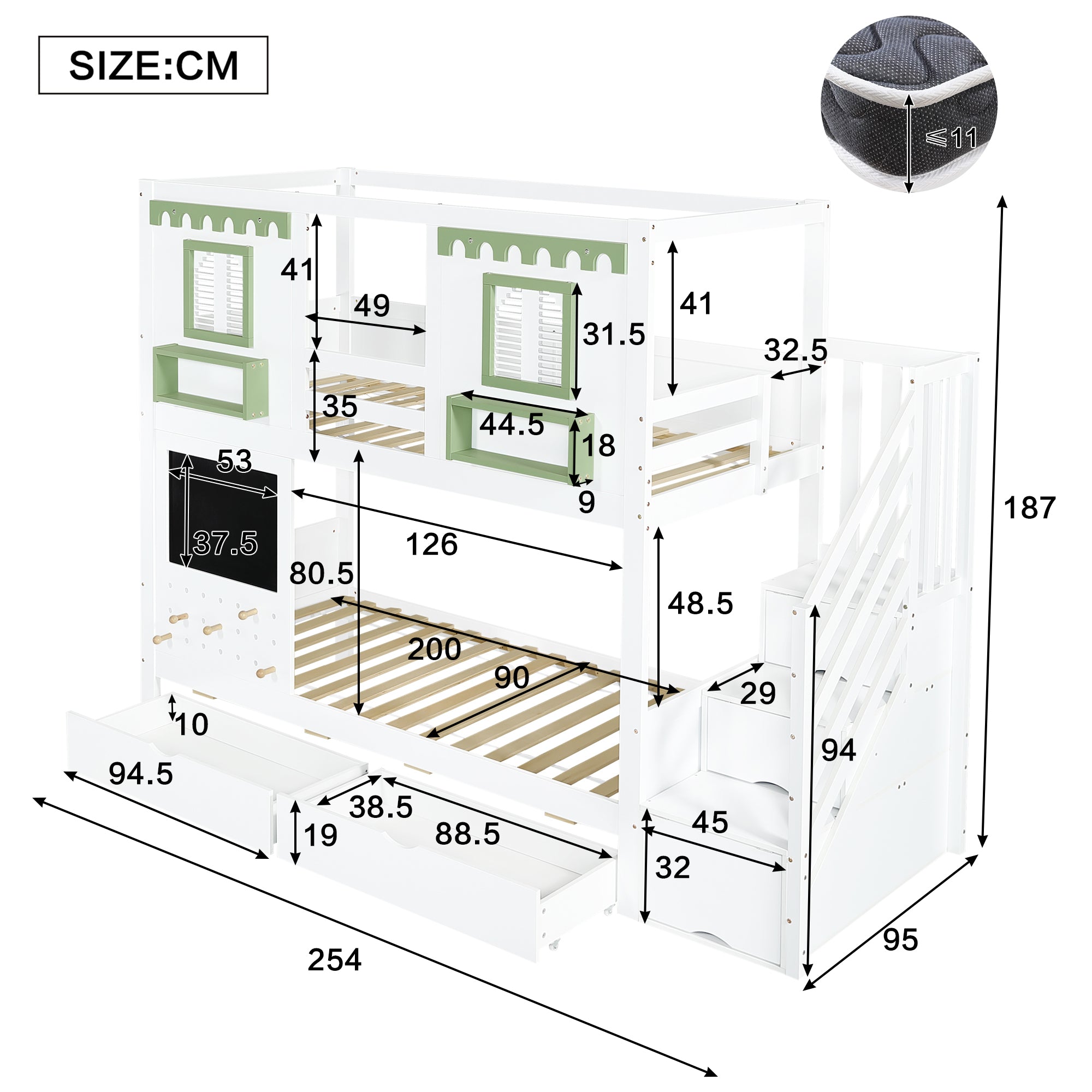 Bunk Bed 90x200cm Pegboard with Hooks 2 Drawers & Stair Storage Cabinet White + Green Pine