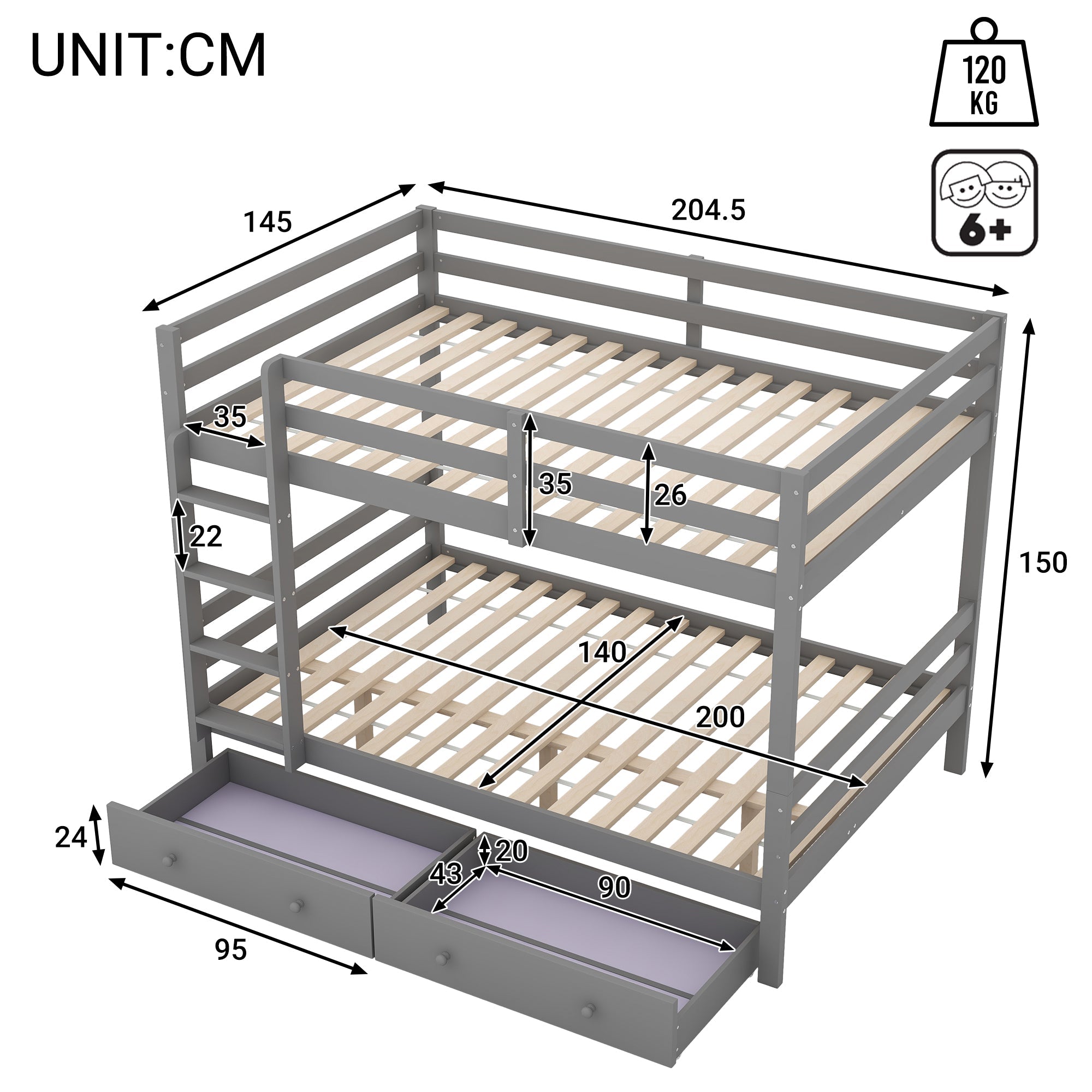 Bunk Bed 140x200cm Drawers Storage High Railings - Grey
