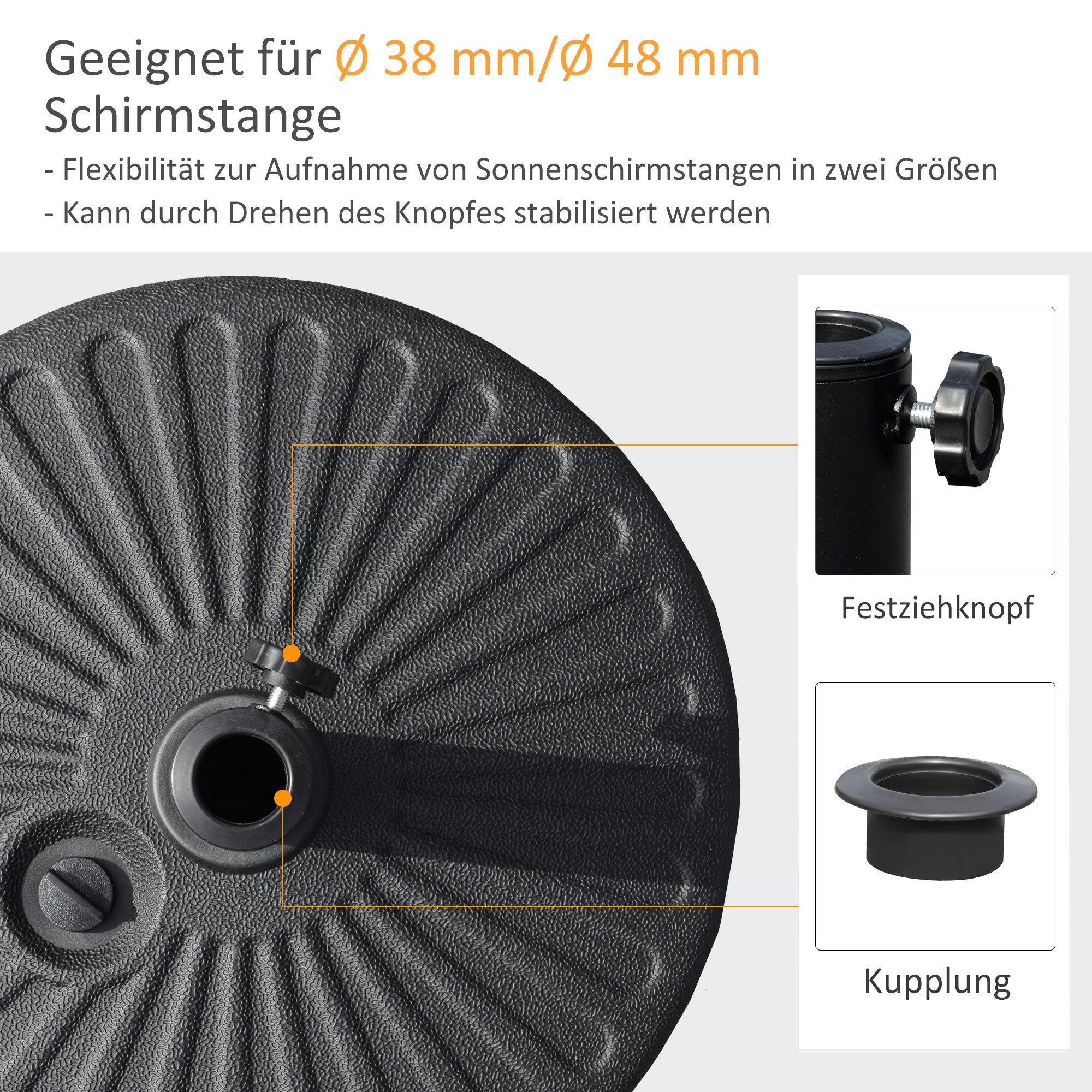 Parasol Base 22kg Stable Weatherproof for Ø38/48mm Parasols, Black Cement