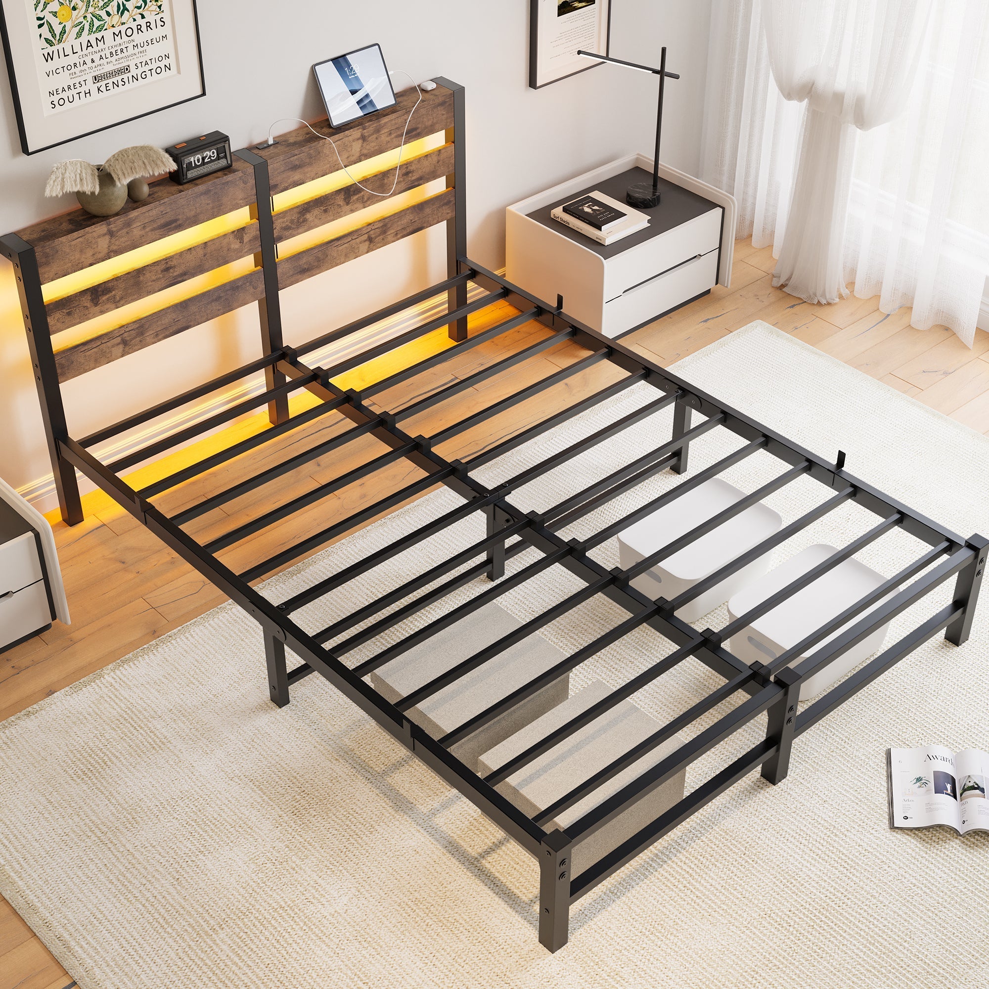 Metal Bed Frame 140x200cm, LED Lighting USB Charging Station Under-Bed Storage, Metal