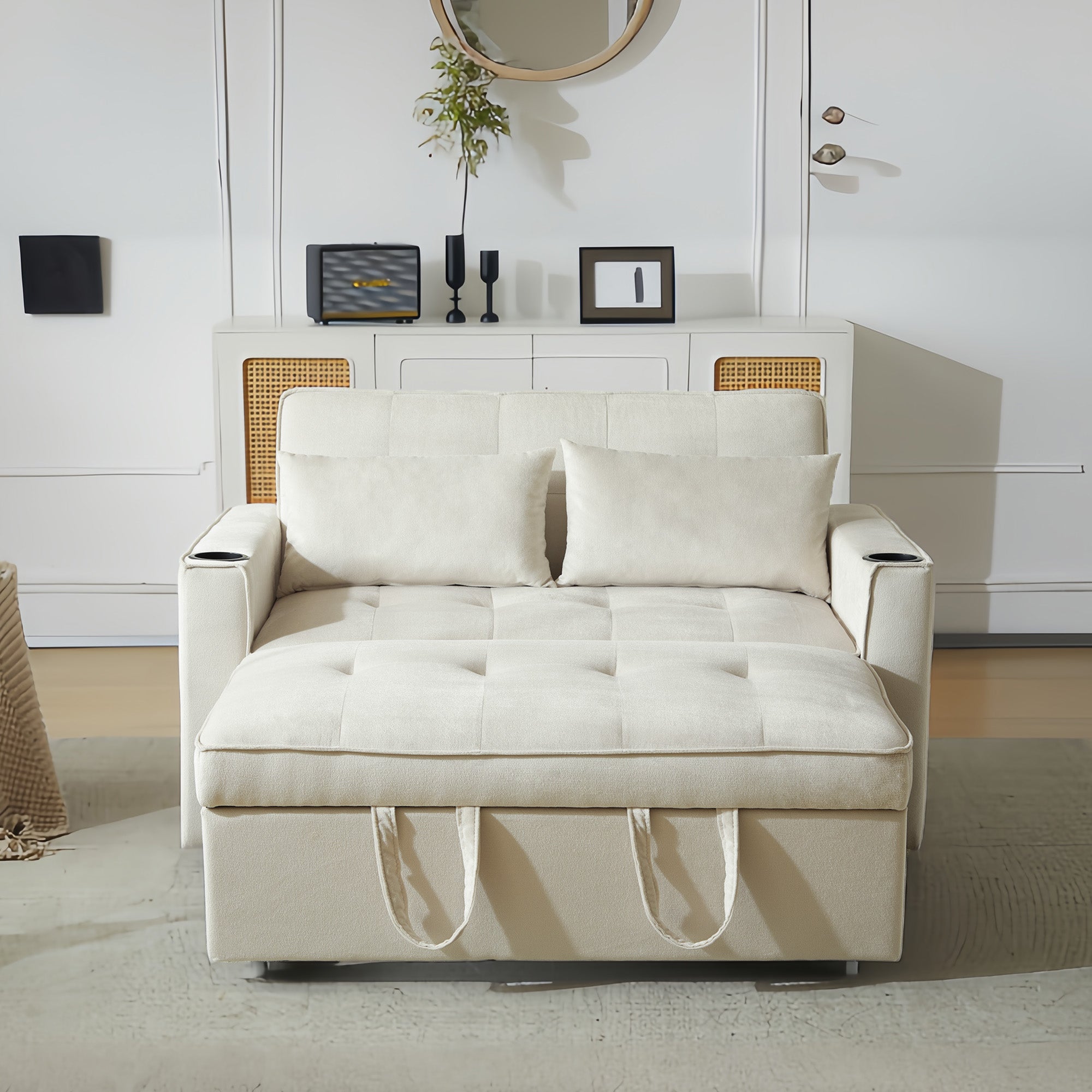 Folding Sofa Bed, Multifunctional with Cup Holder & Pillow, for Living Room, Bedroom, Home Theater