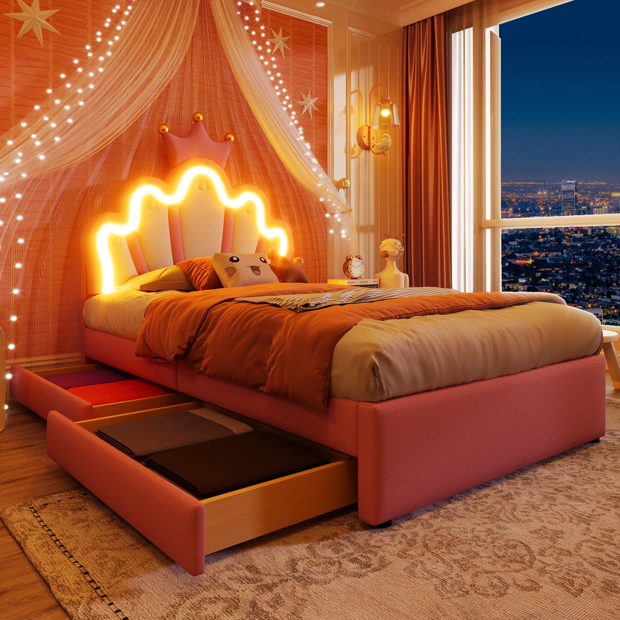 Upholstered Bed 90x200cm Crown Headboard Ambient Light 2 Drawers - Pink PU