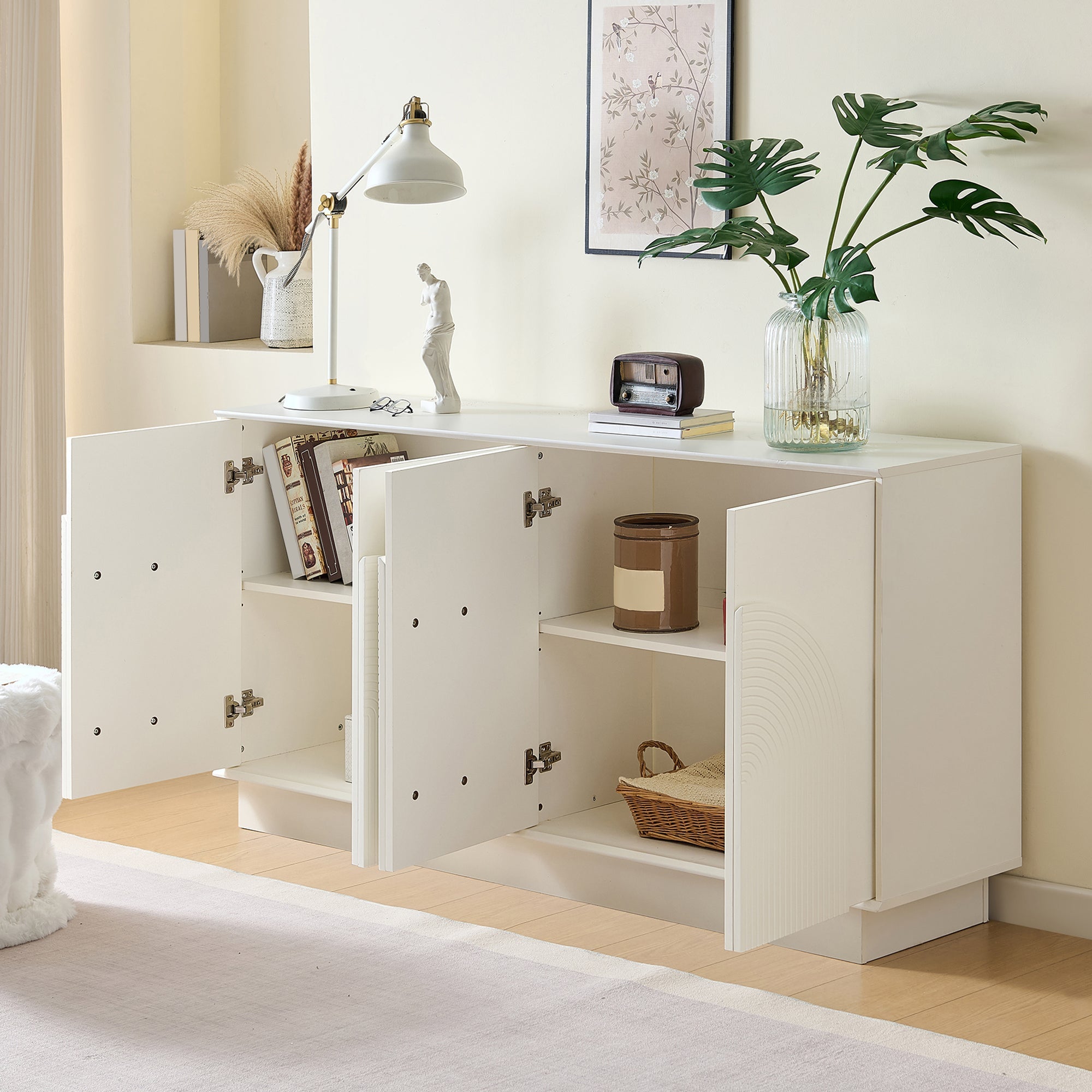 Modern Sideboard with Curved Doors, 4-Door Storage Cabinet for Living Room & Dining Room, White MDF with Matte Finish