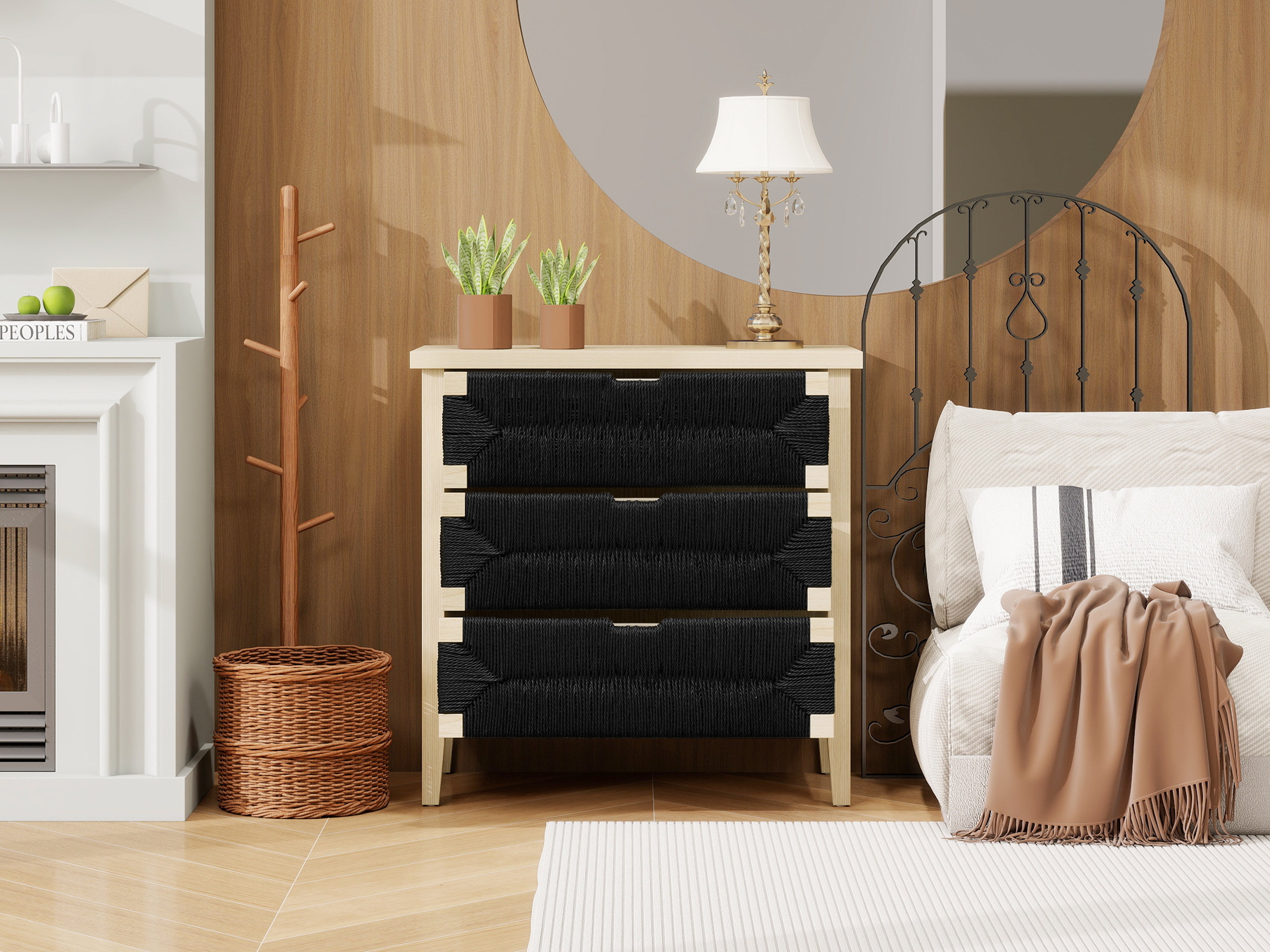 3-Drawer Chest of Drawers, Large Storage Boho Style (80x40x80 cm), Natural Wood Black Rope Design