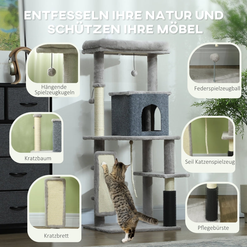 Katzenkratzbaum 132cm, Kratzstämme, Bett, Haus, Plattformen, Fellpflegebürste, Hellgrau